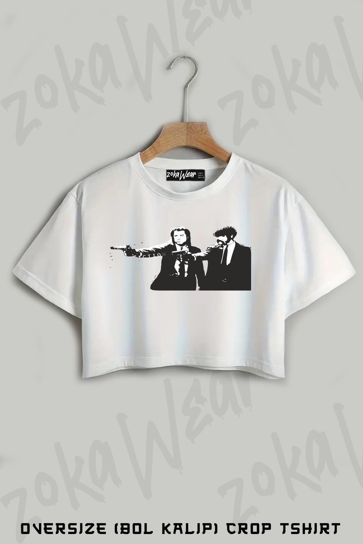 ZOKAWEAR Vincent And Jules Film Pulp Baskılı Oversize Crop T-Shirt