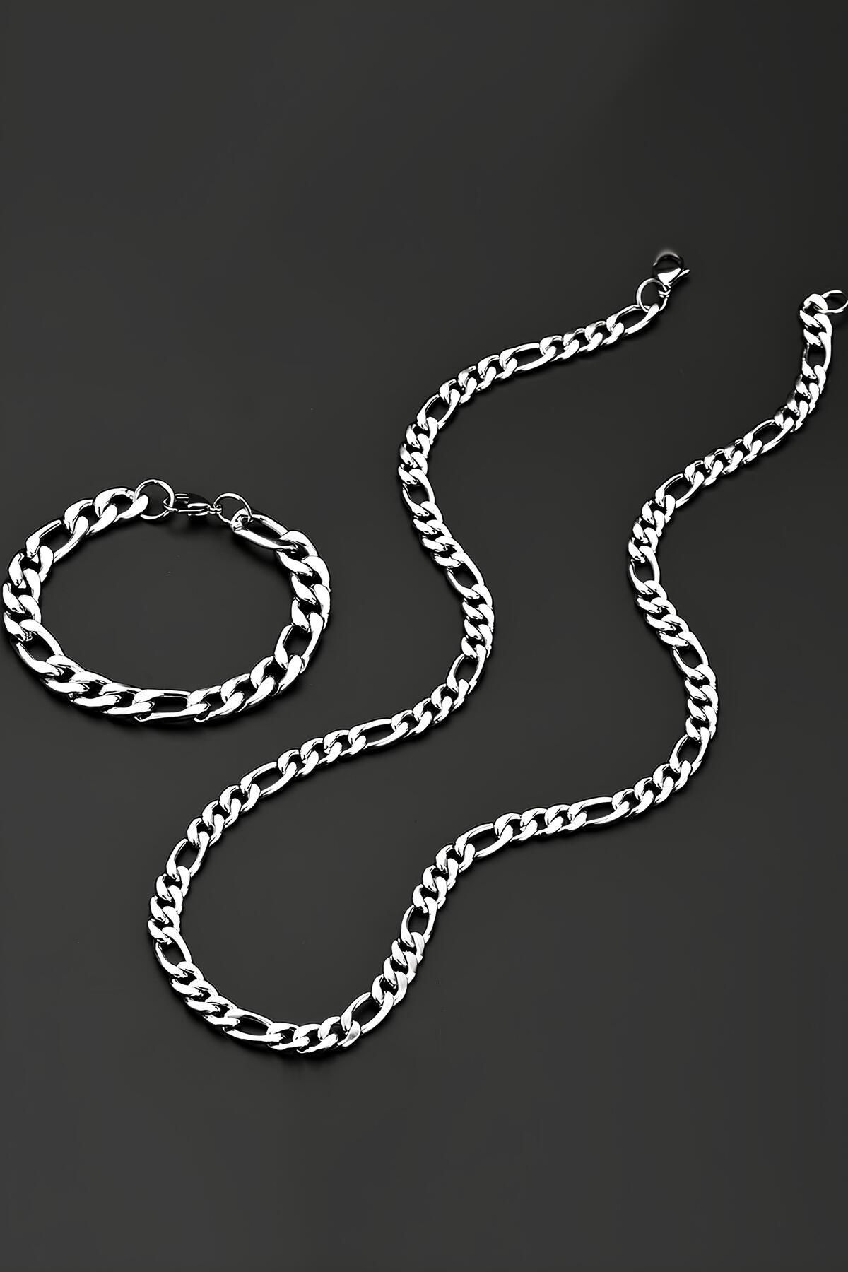 JEWELRY Figaro 3e1 Çelik Erkek Bileklik ve Kolye Zincir Set ack06s