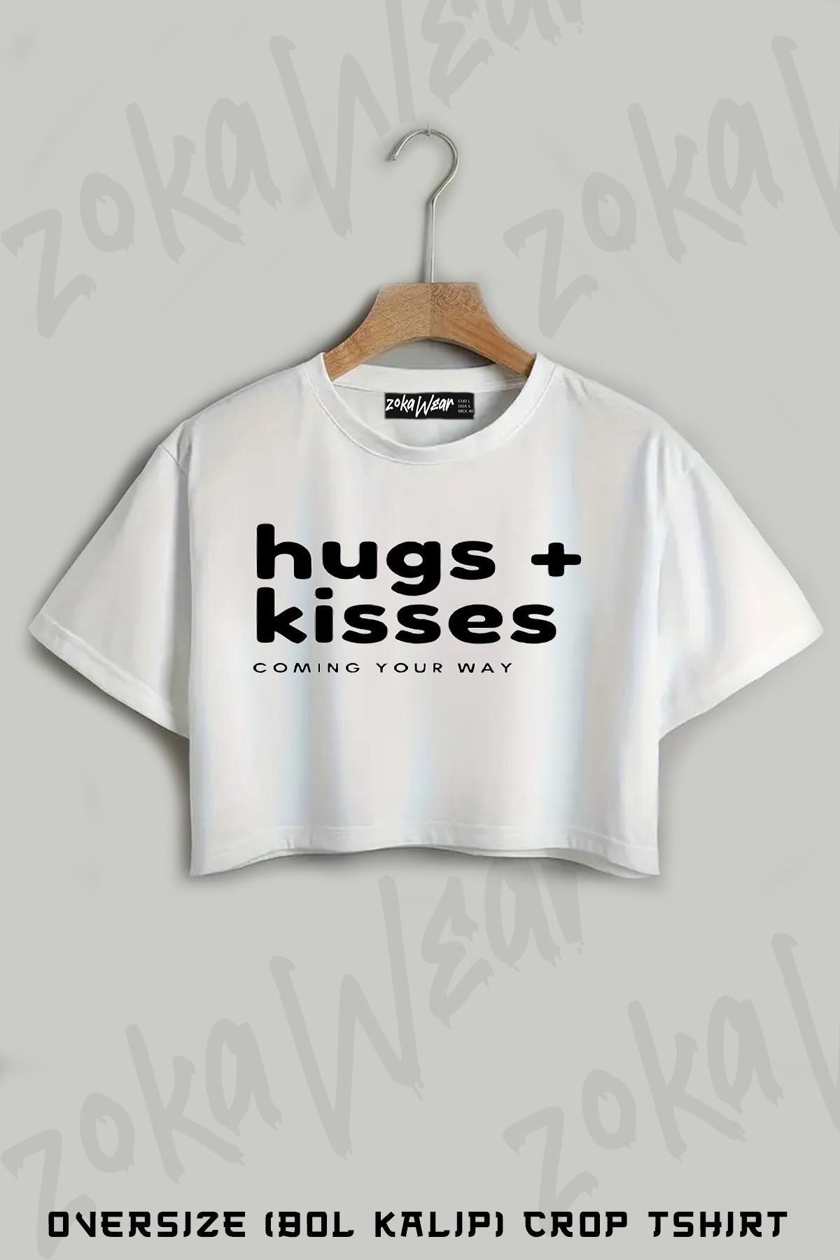 ZOKAWEAR Hugs Kisses Baskılı Oversize Crop T-Shirt