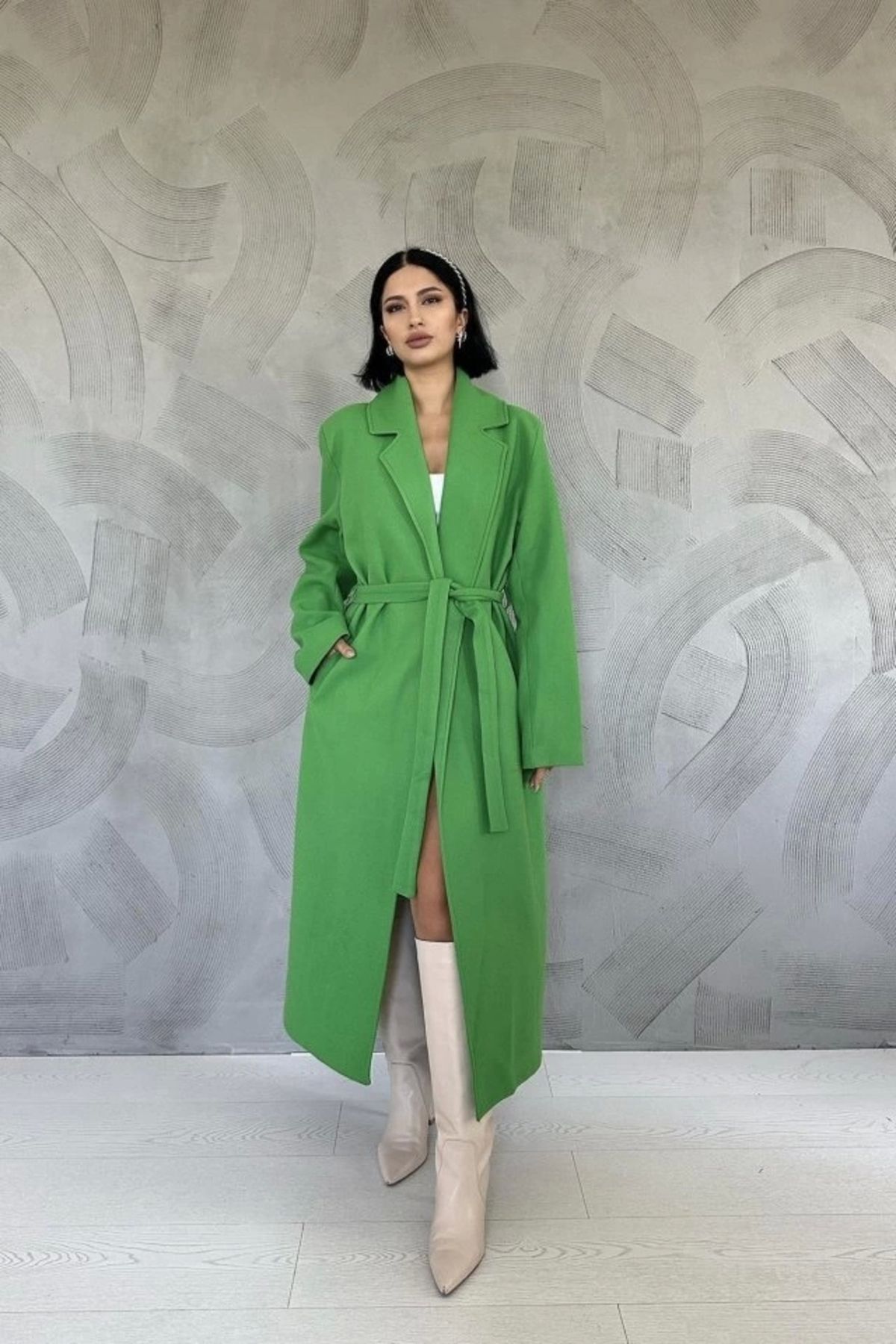 Butik Yeşil Kuşaklı Midi Kaban