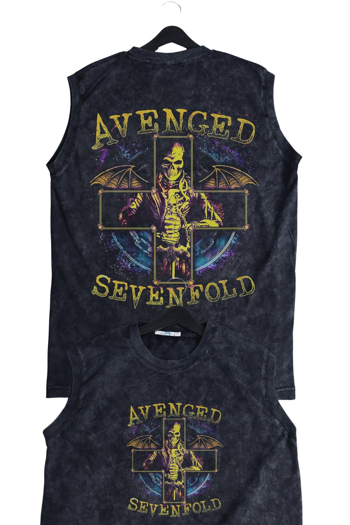 Fuddy Moda Skull Avenged Sevenfold Sırt Baskılı Yıkamalı Bisiklet Yaka Kolsuz Tişört