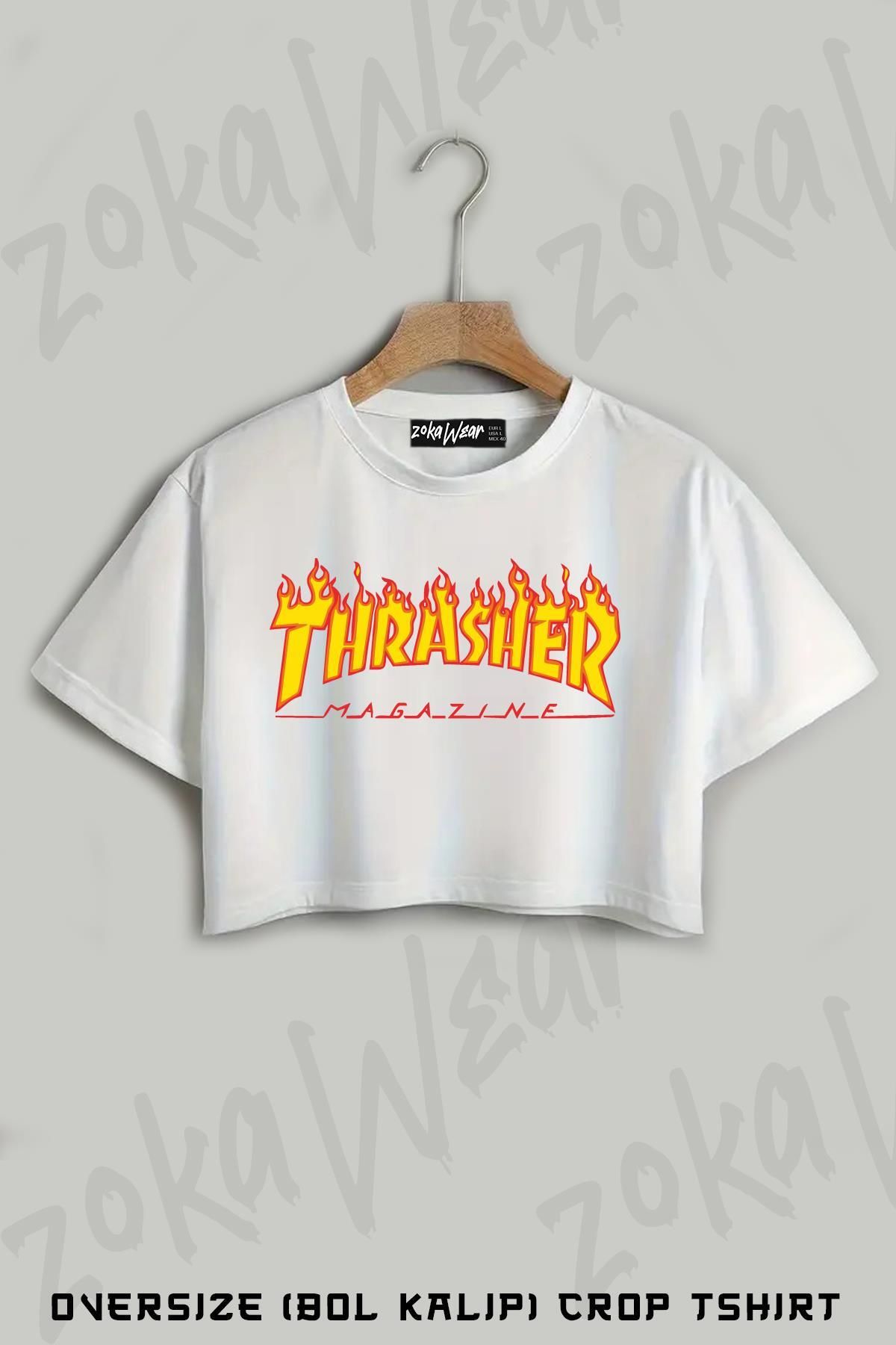 ZOKAWEAR Thrasher Magazine Baskılı Oversize Crop T-Shirt