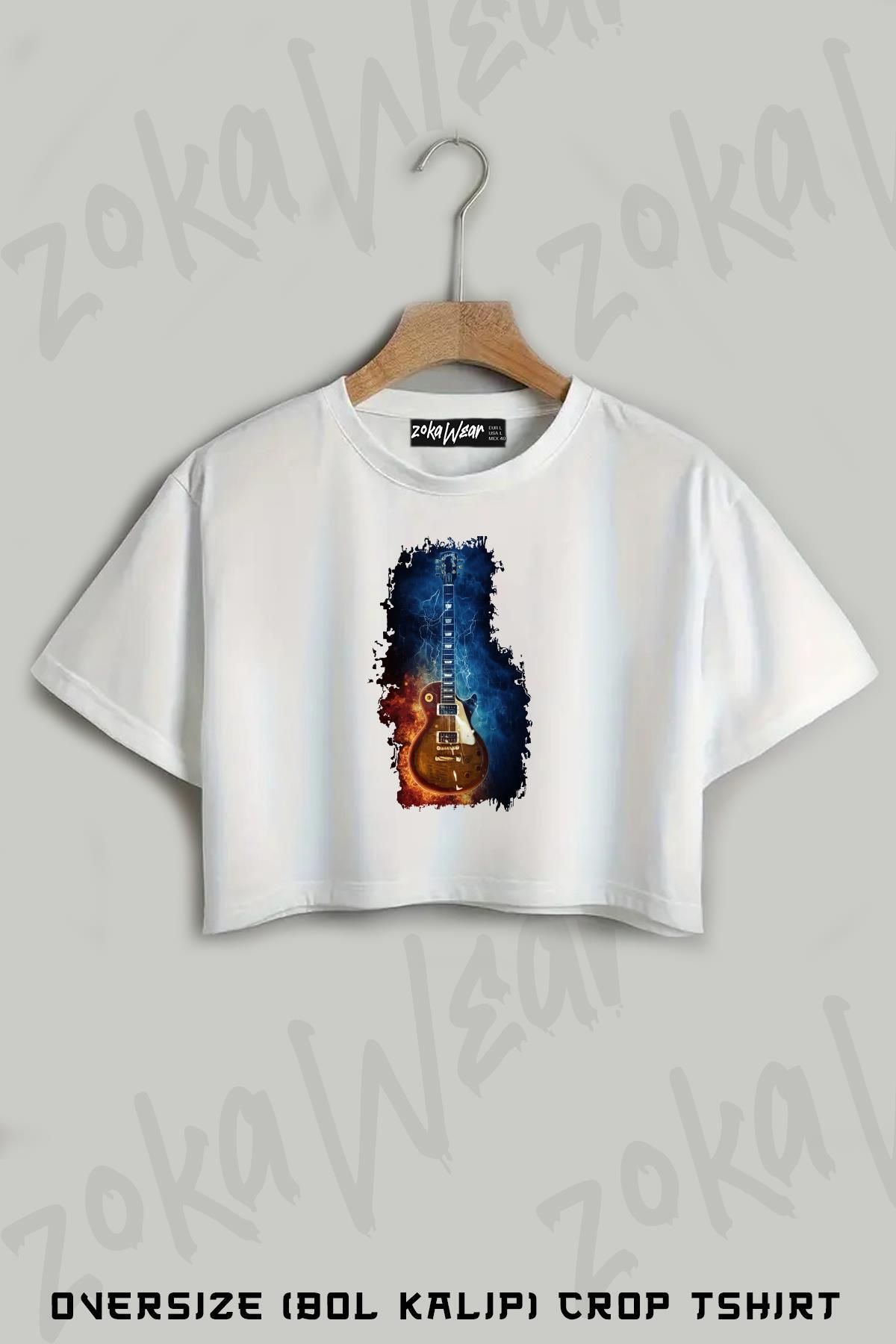 ZOKAWEAR Gibson Gitar Baskılı Oversize Crop T-Shirt