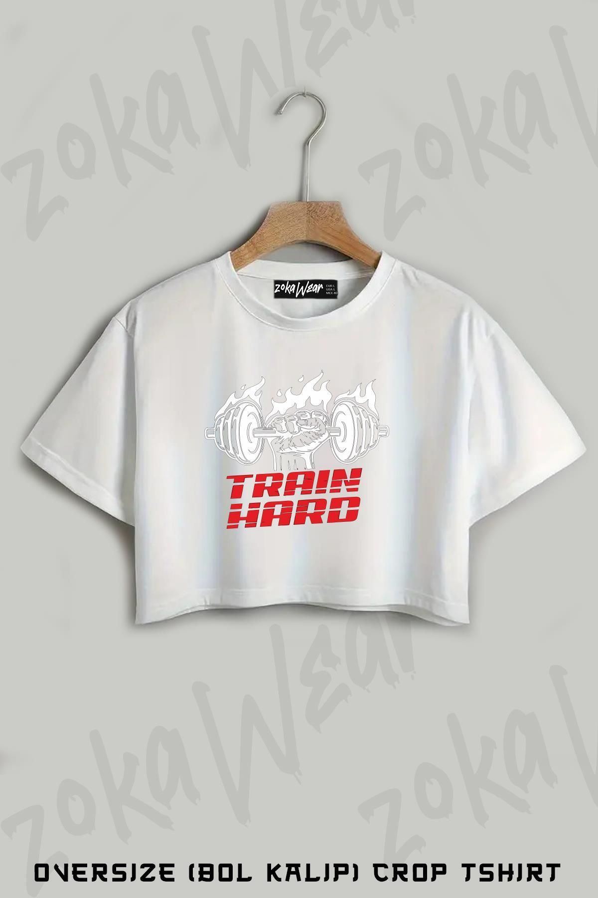 ZOKAWEAR train hard Baskılı Oversize Crop T-Shirt
