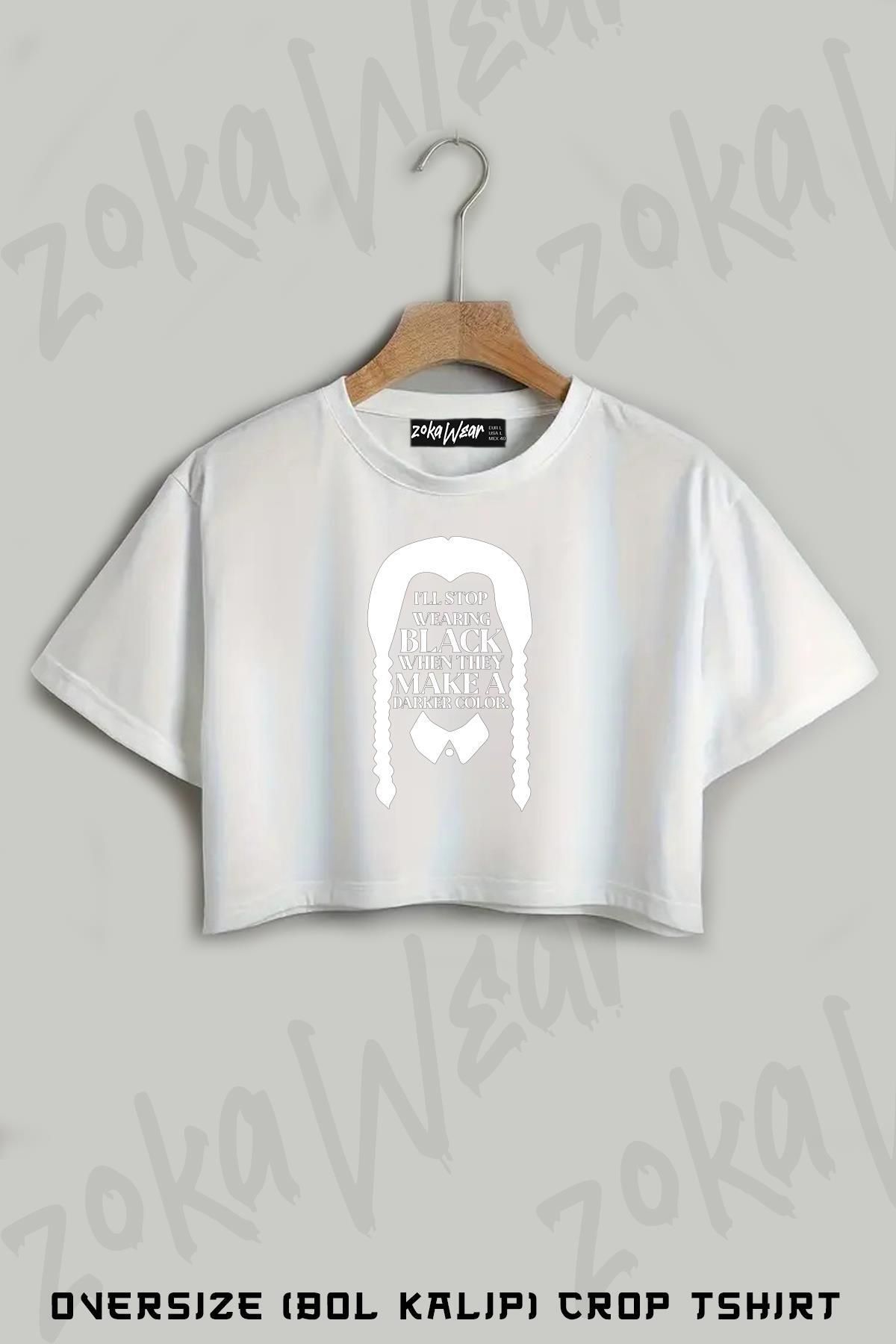 ZOKAWEAR Darker Wednesday Addams Family Addams Ailesi Baskılı Oversize Crop T-Shirt