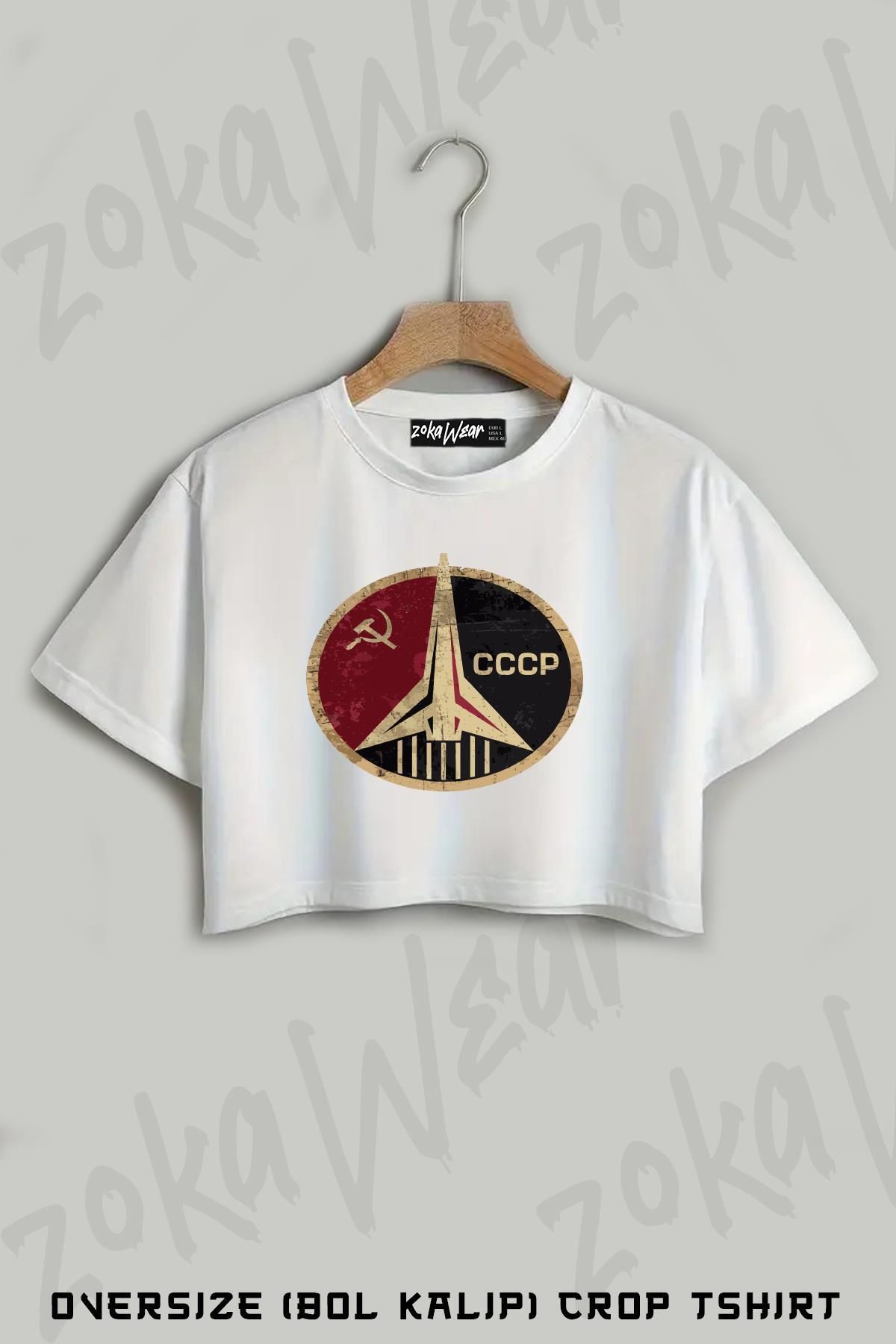 ZOKAWEAR Cosmos Cccp Sovyetler Birliği Baskılı Oversize Crop T-Shirt