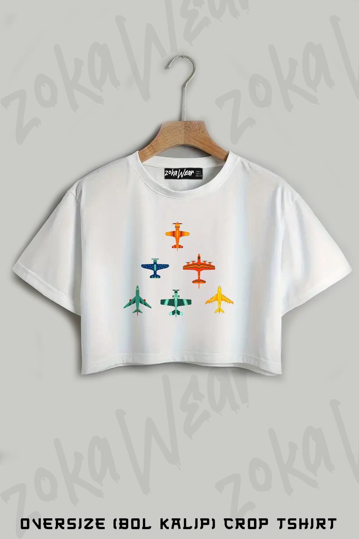 ZOKAWEAR Vintage Airplanes And Cartography Baskılı Oversize Crop T-Shirt