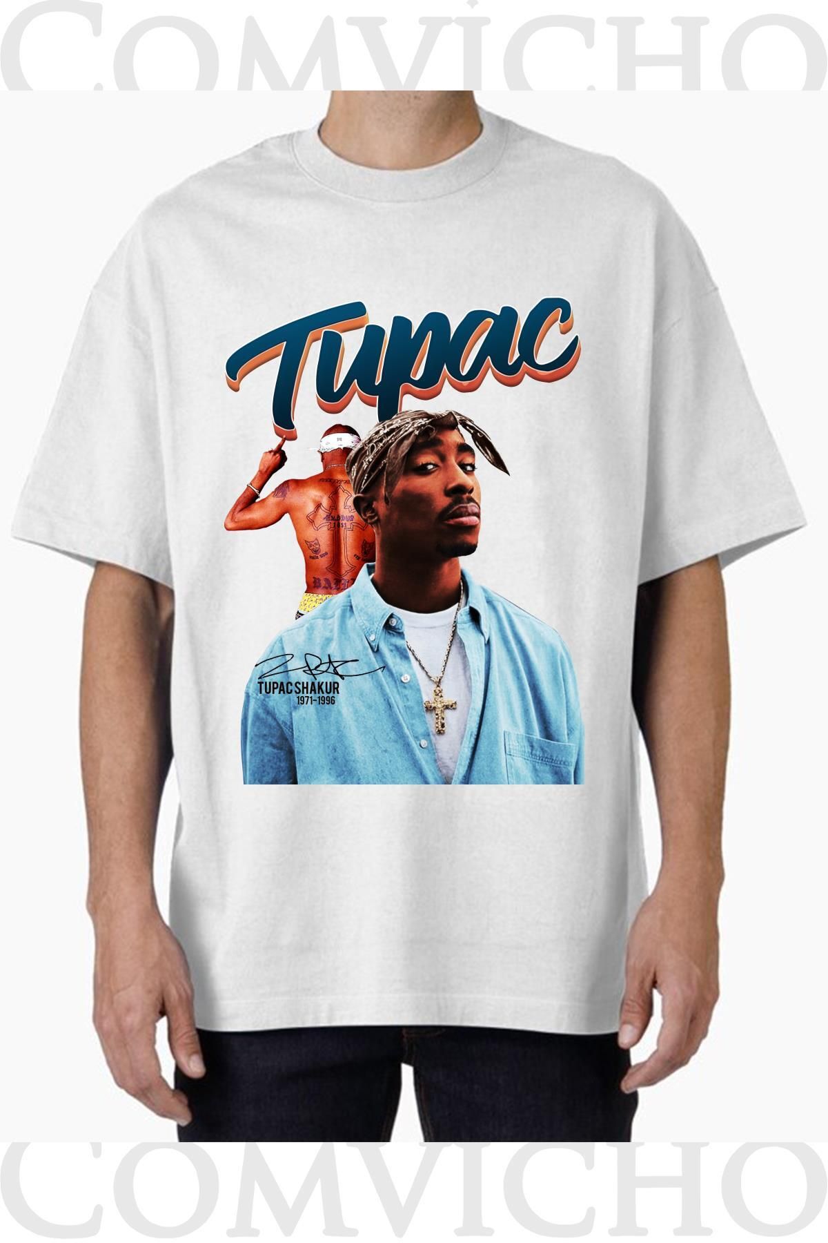 COMVİCHO Unisex tupac v14 Tasarım Baskılı Oversize Tişört