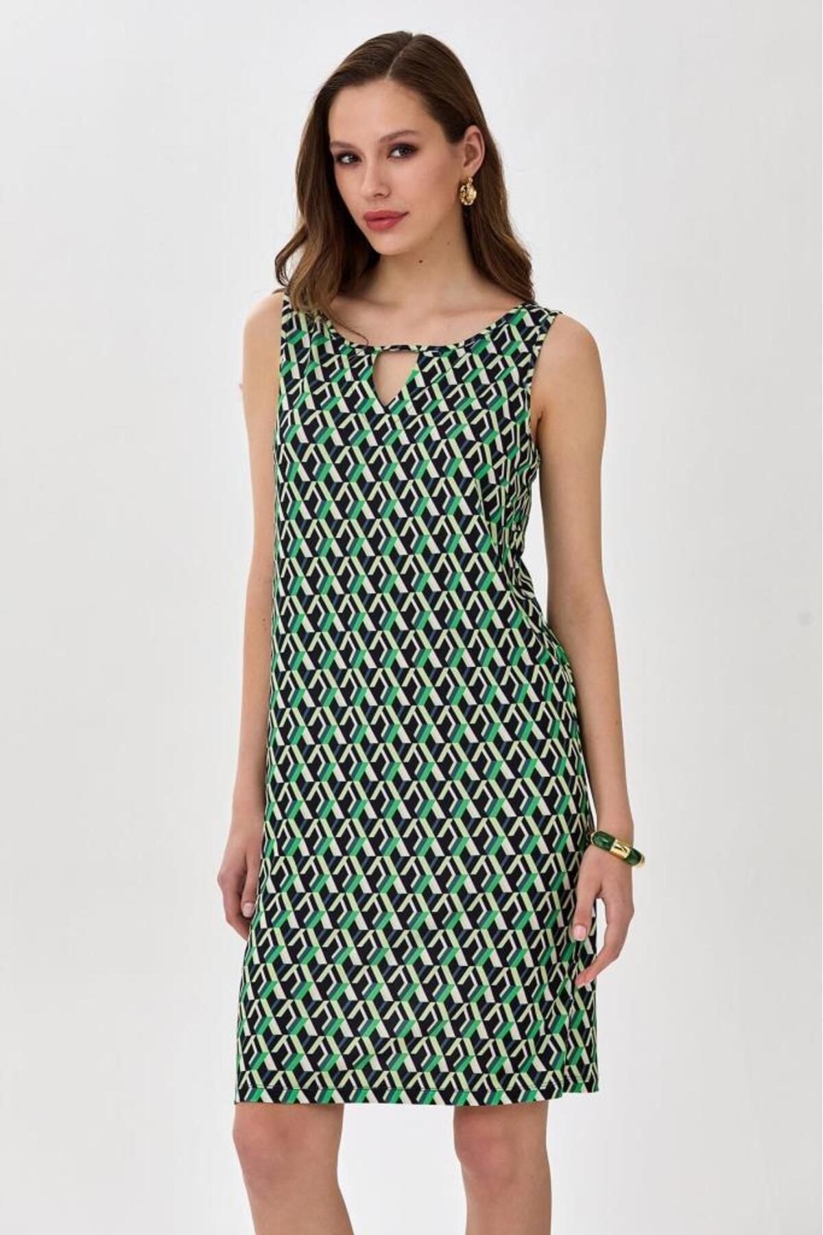 İKİLER Cut Out Yaka Kolsuz Desenli Elbise 025-2505