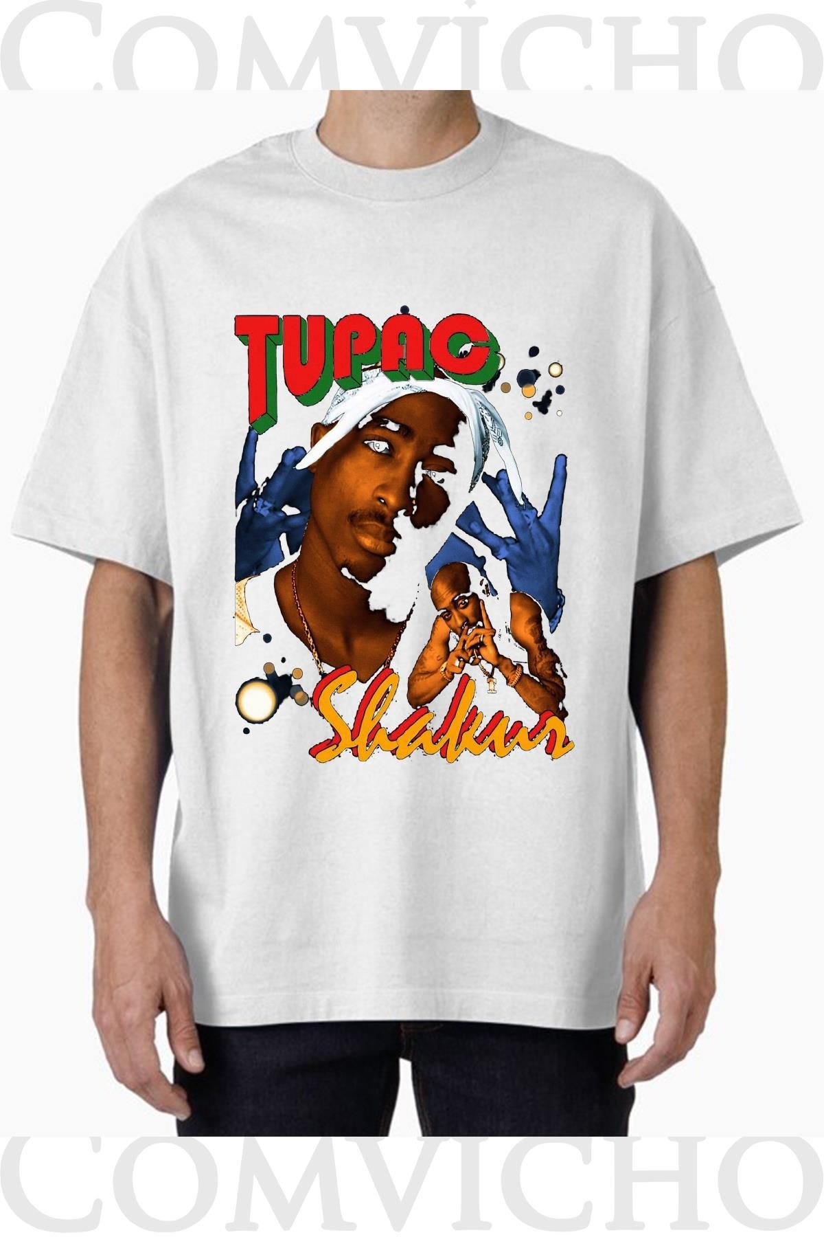 COMVİCHO Unisex tupac v10 Tasarım Baskılı Oversize Tişört