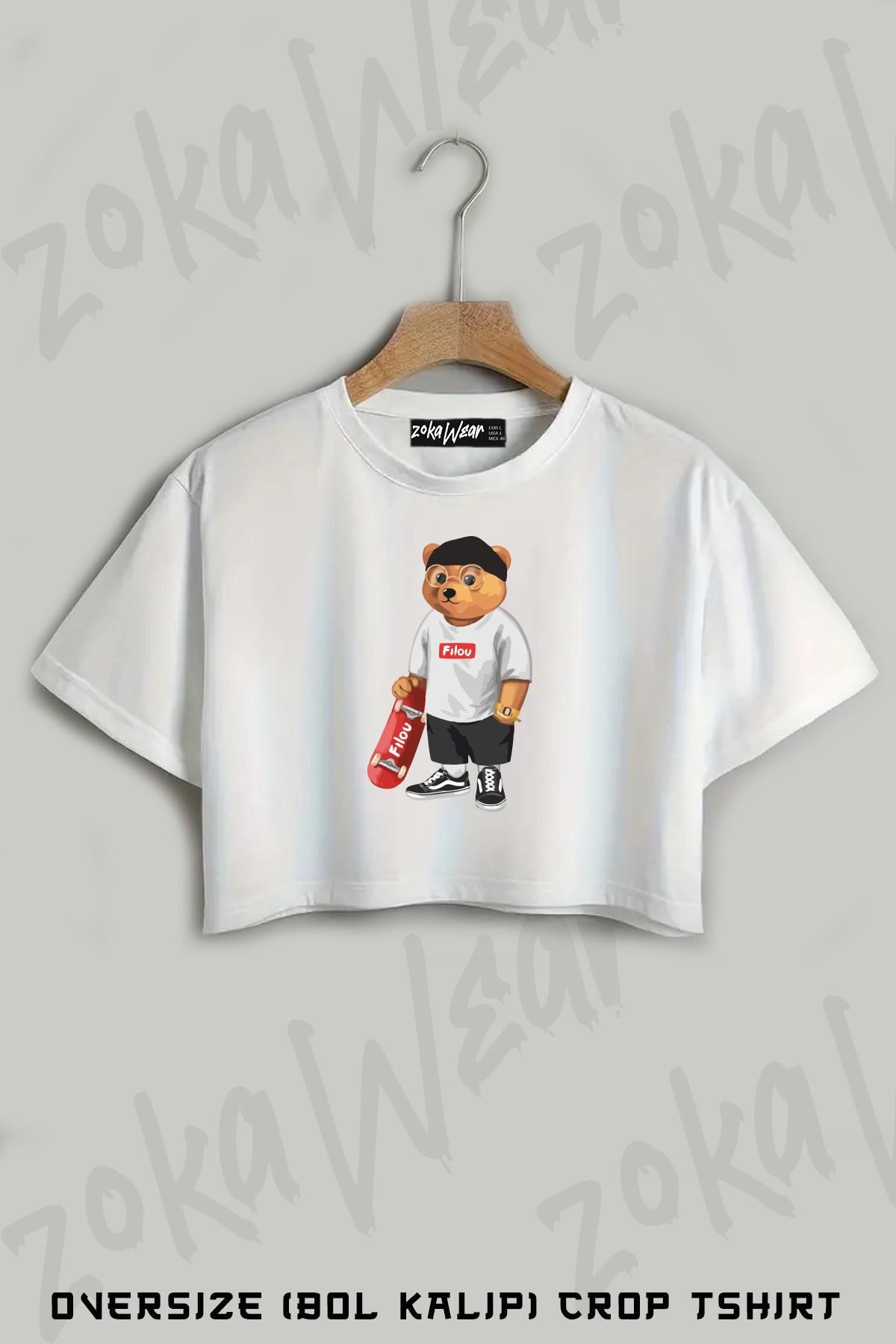 ZOKAWEAR Stil Kaykaycı Ayı Teddy Bear Baskılı Oversize Crop T-Shirt