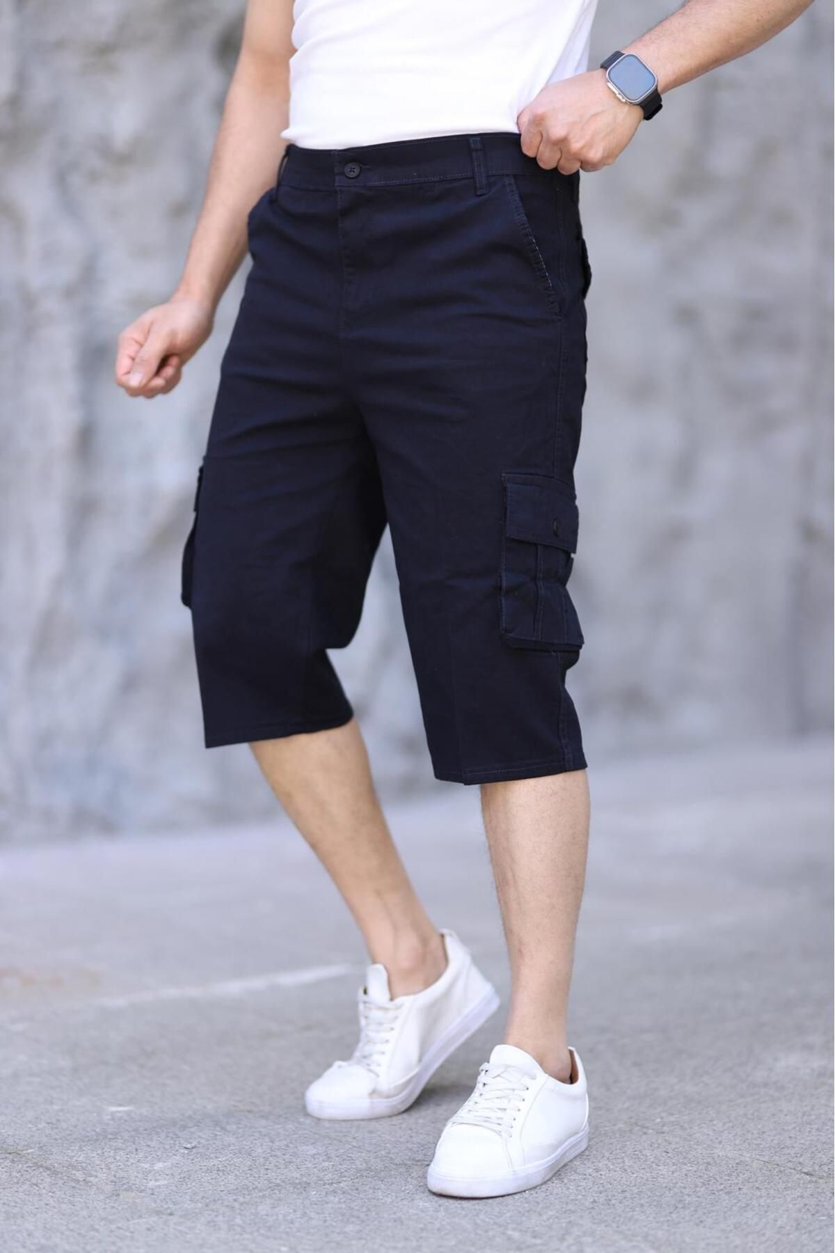 XORVİO Erkek Slim Fit Kapri Likralı Gabardin Diz Altı Yandan Cepli Bermuda
