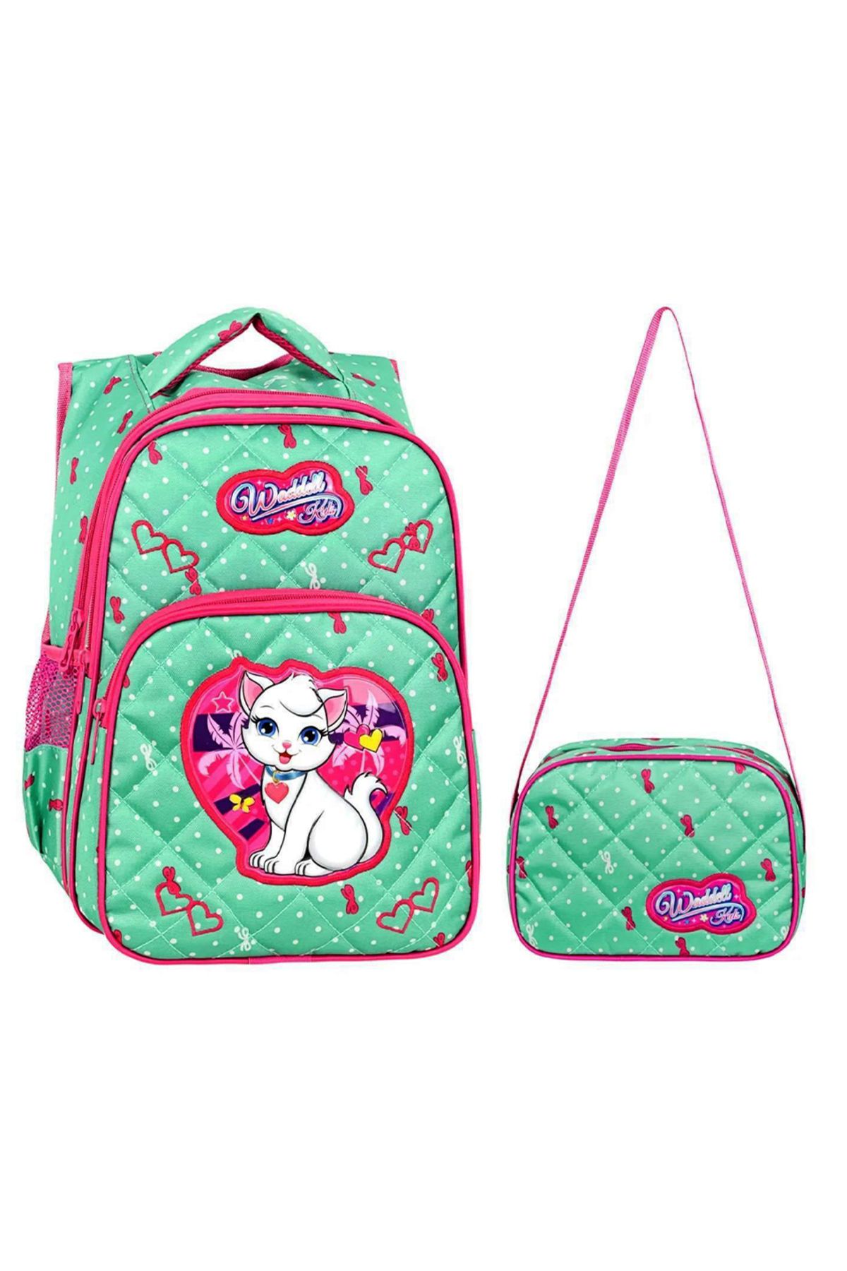 KAFF Yeşil Kedi Desenli İlkokul Çantası ve Beslenme Kız Çocuk 2'li Set İlkokul Çantası - 24002
