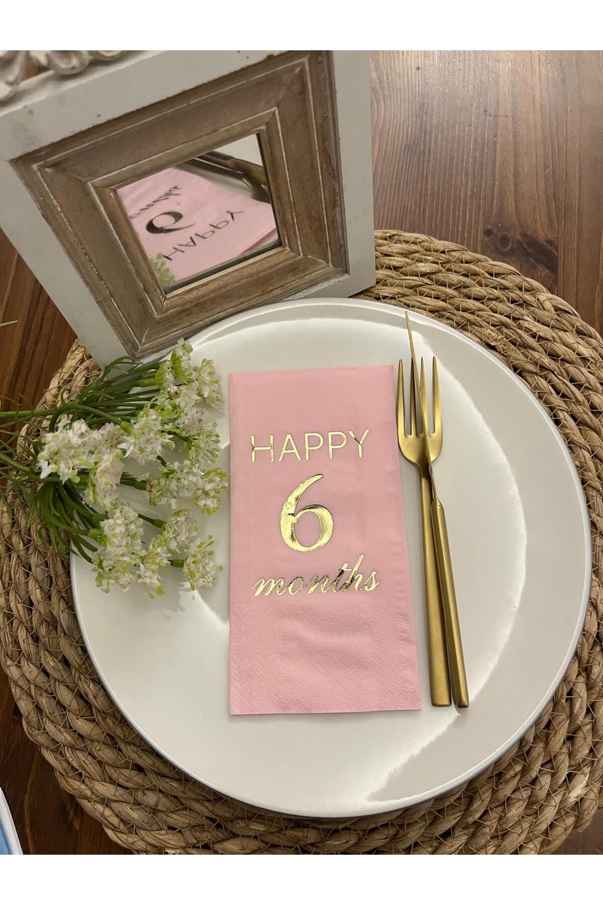 kidspartim Gold Yaldızlı Pembe Happy Yaş Months Garson Katlama Peçete 16 Adet 15