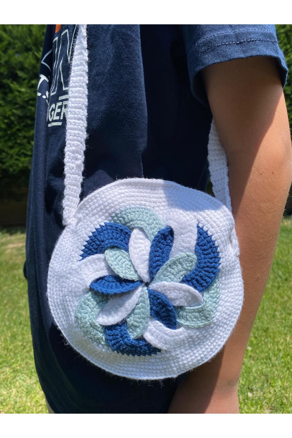 Innovate Store El Yapımı Amigurumi Spiral Desen Tatlı Turkuaz Mavi Renk Omuz ve Kol Çantası