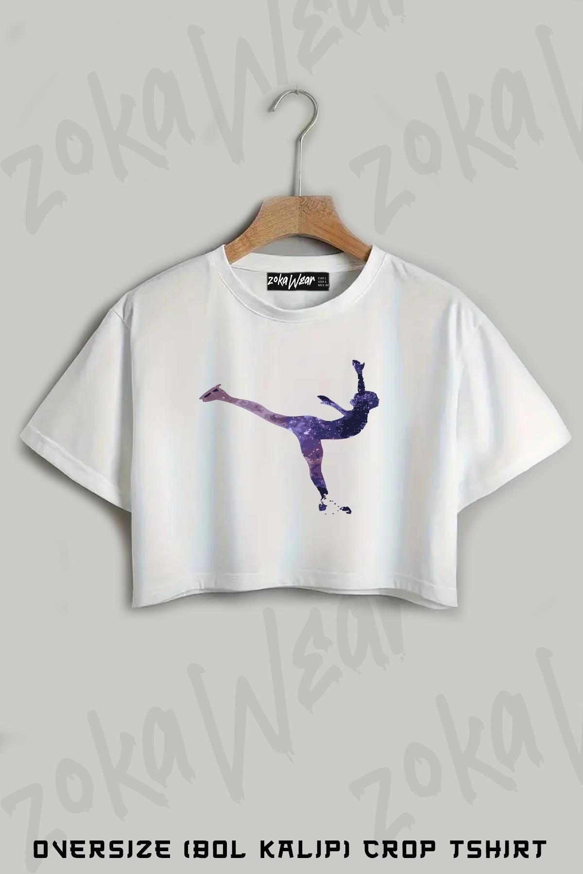 ZOKAWEAR Buz Pateni Ice Skating Baskılı Oversize Crop T-Shirt