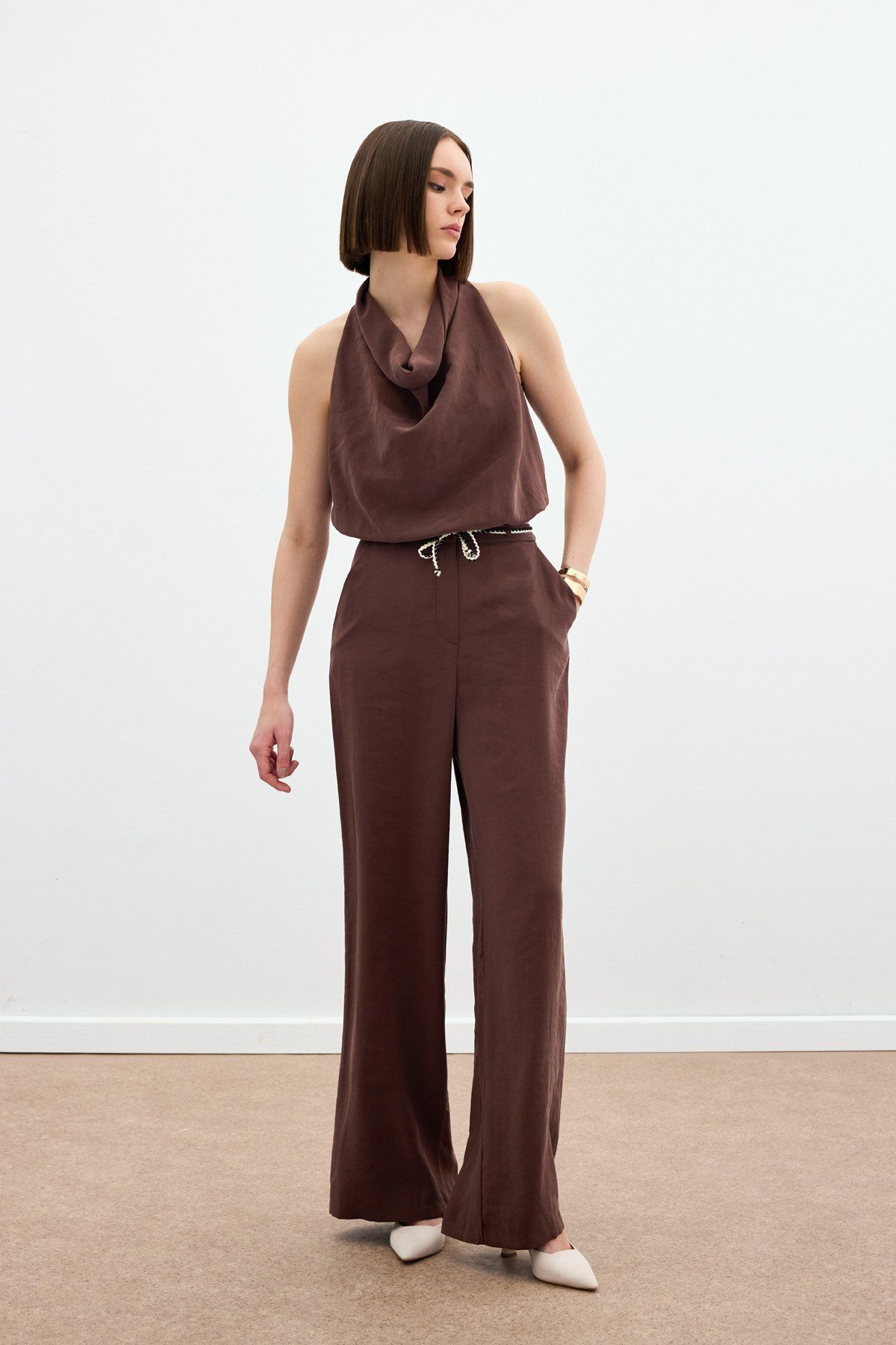 Sateen Örgü Kemerli Pantolon - Kahve