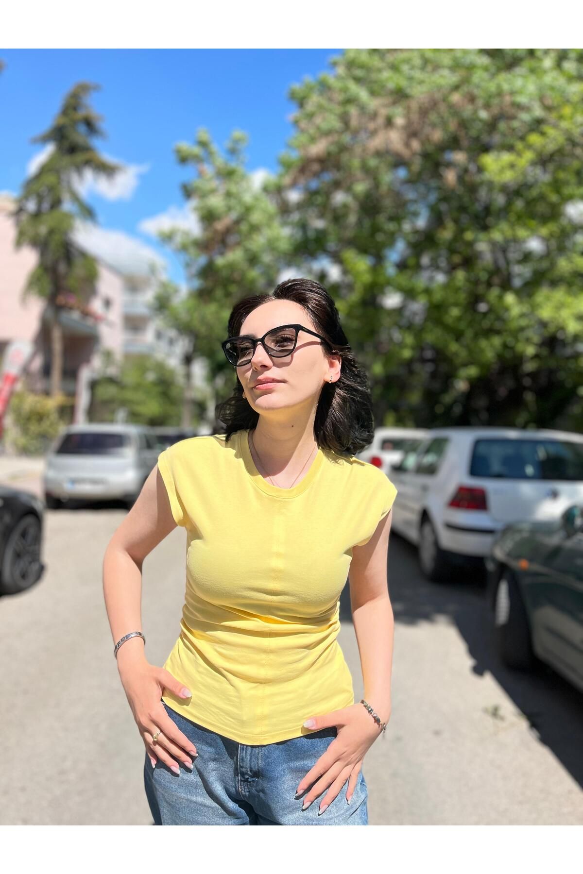 Dilvin 31875 Dikiş Detay T-shirt -Sarı