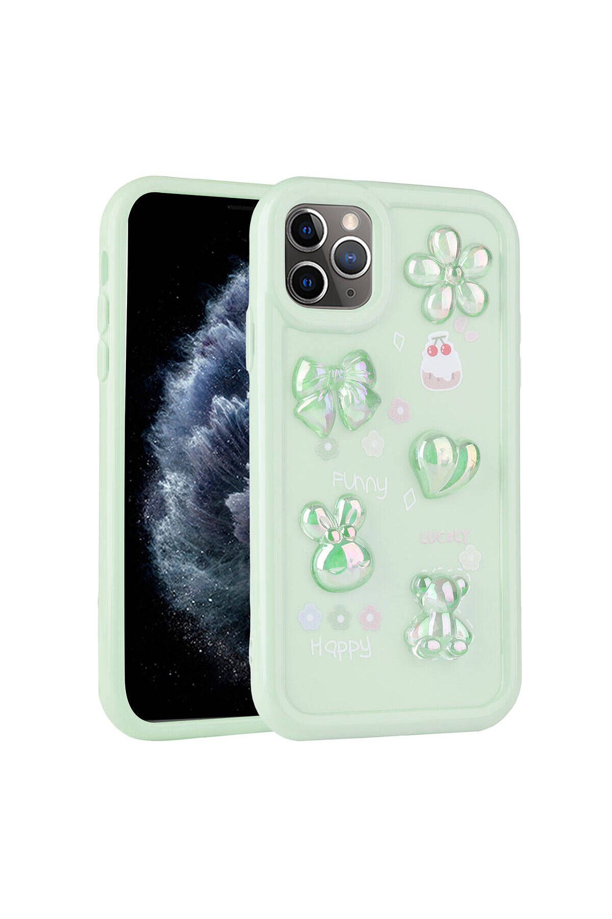 Strap U Apple iPhone 11 Pro Max Kılıf Kalp&Çiçek&Fiyonk&Ayıcık Kabartma Figürlü Parlak Toys Silikon Kapak