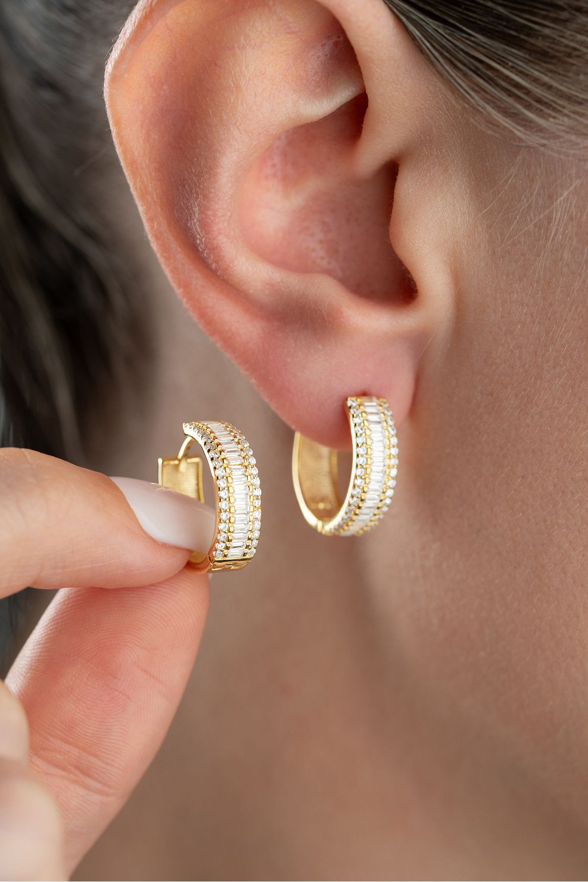 Silvano Jewelry 925 Ayar Gümüş Gold Baget Taşlı Halka Küpe