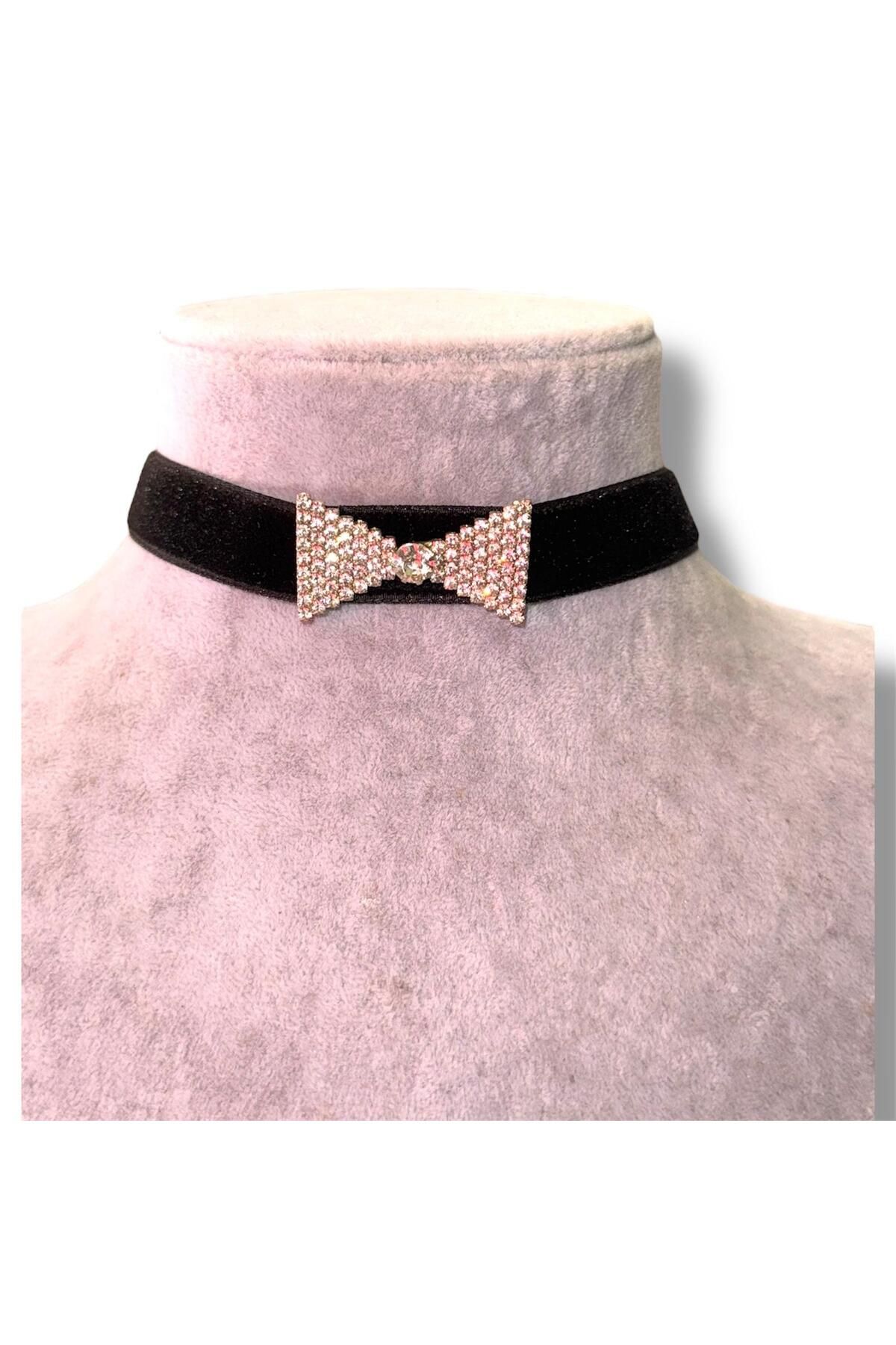 Kırmızı Sanat Evi Kadife Fiyonklu Taşlı Choker Kolye