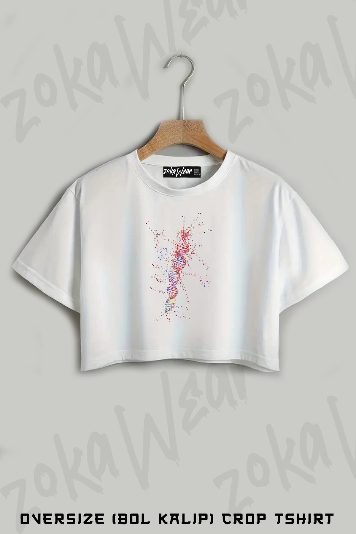 ZOKAWEAR Dna Molecule, Renkli molekül Baskılı Oversize Crop T-Shirt