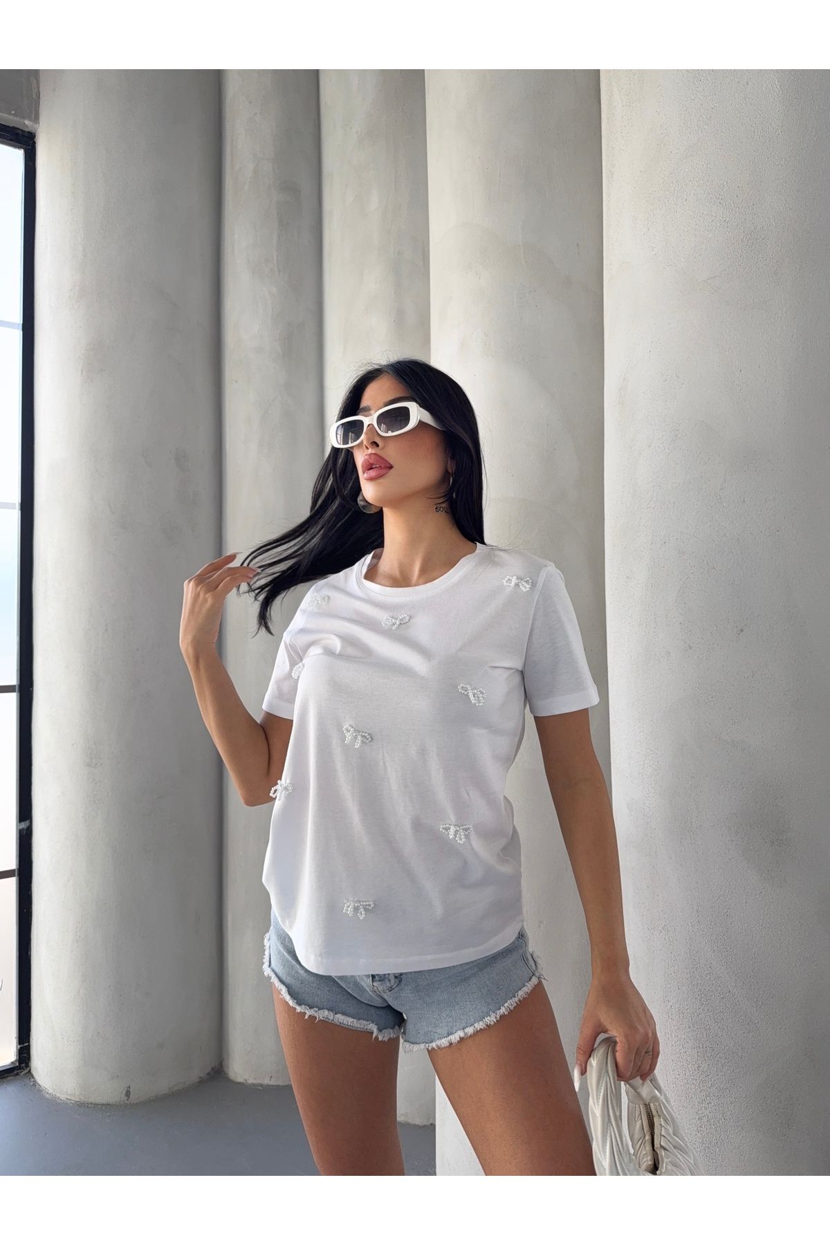 moda paketi Kadın TSHİRT Boncuk işlemeli