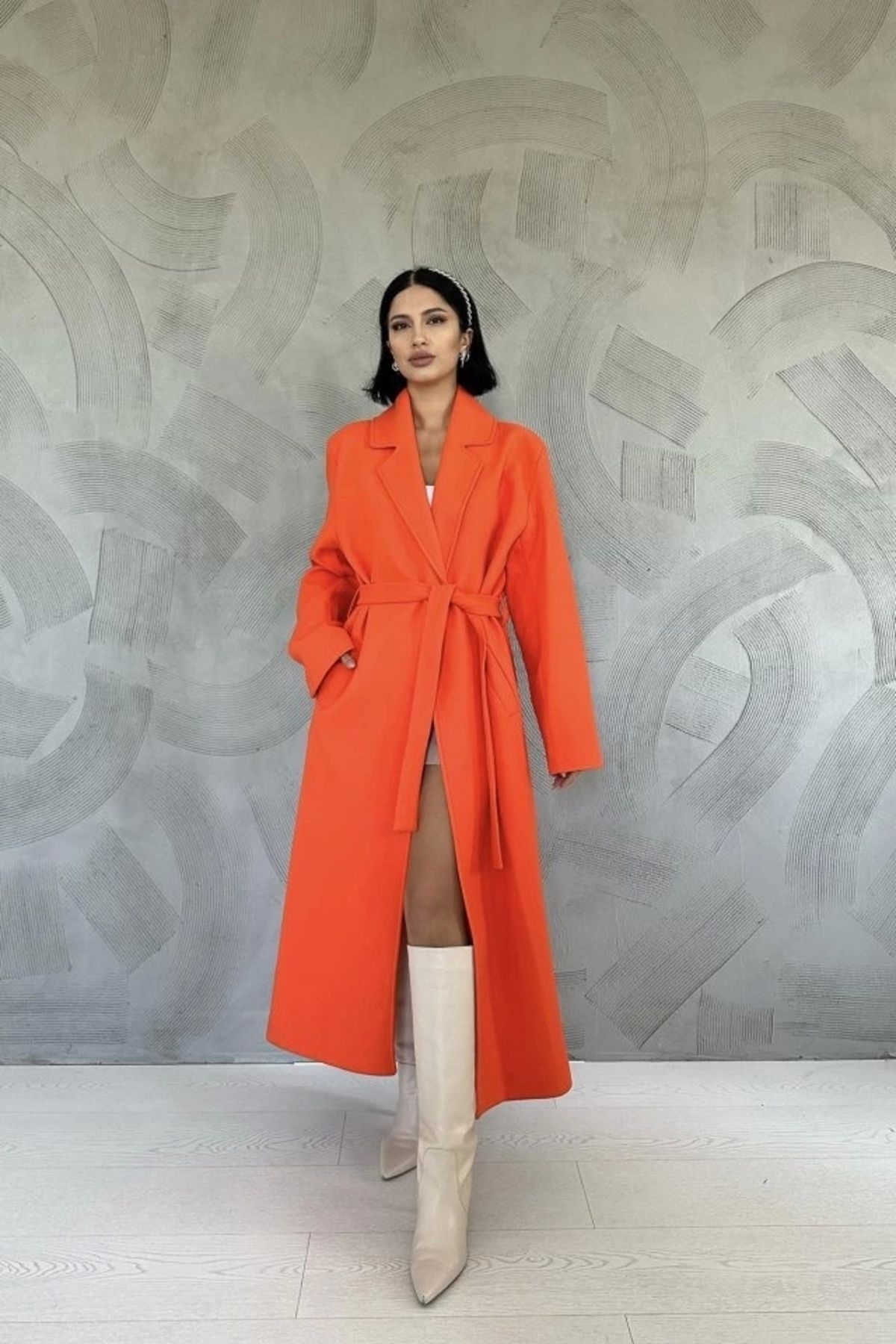 Butik Oranj Kuşaklı Midi Kaban