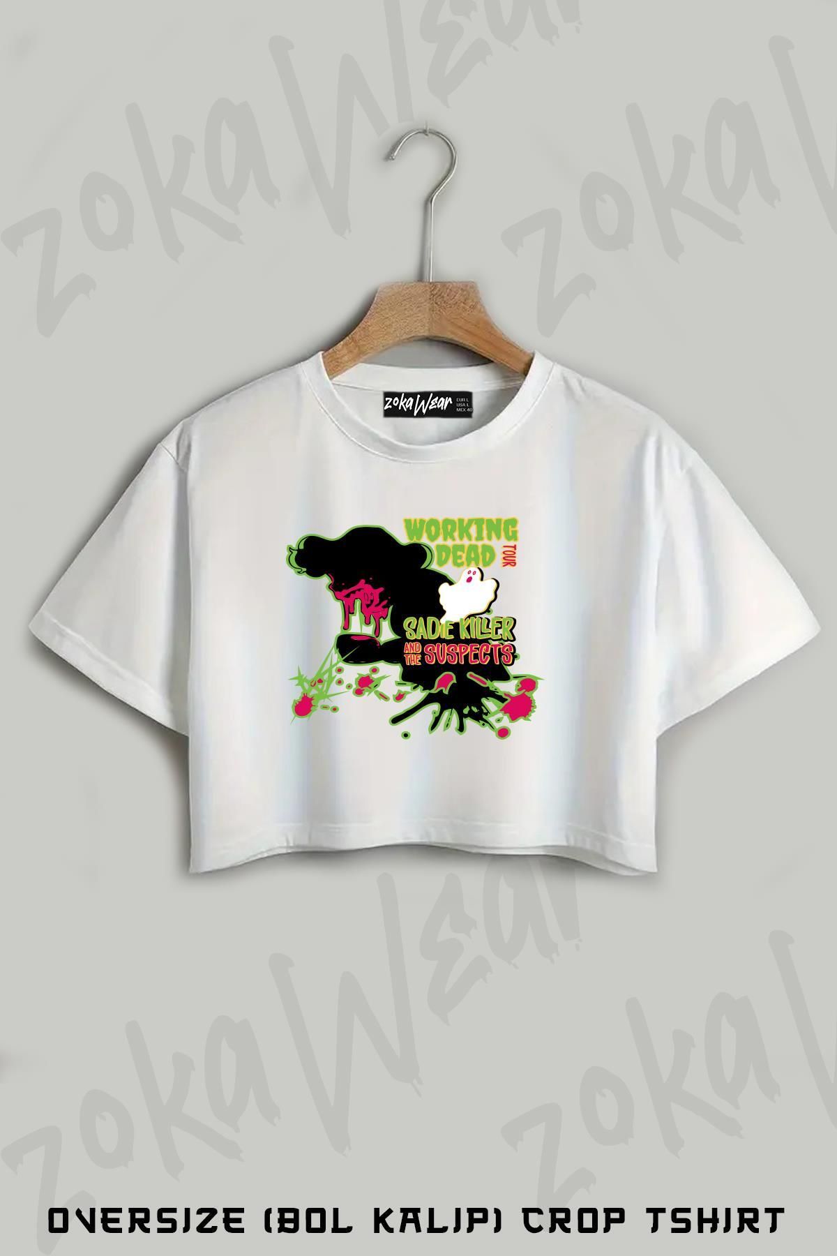 ZOKAWEAR Sadie Killer And The Suspects Distressed Baskılı Oversize Crop T-Shirt