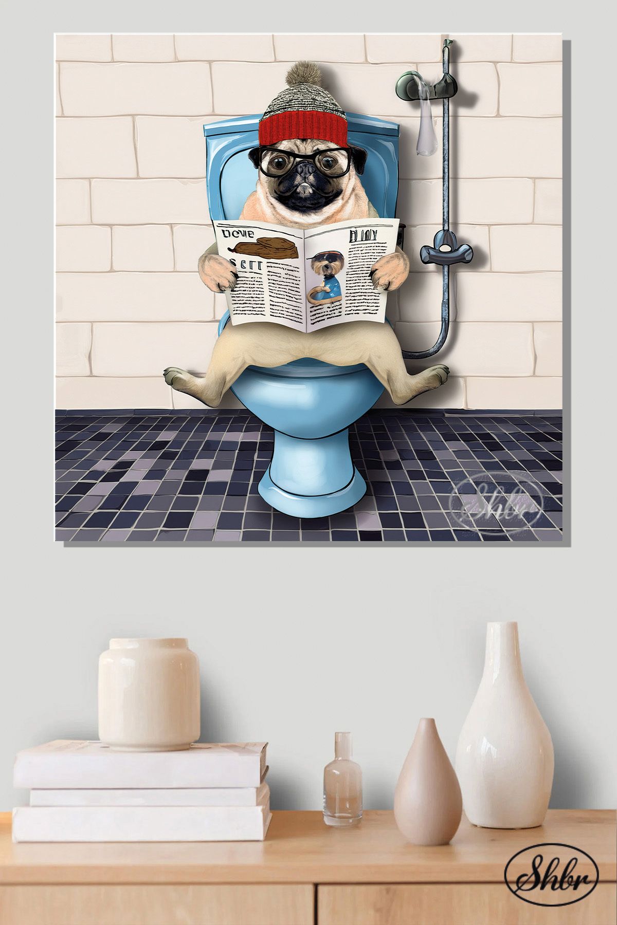 Şehber Tekli Kare Kanvas Dekoratif Duvar Tablosu , Pug, Tuvalette Gazete Okuyan Köpek,