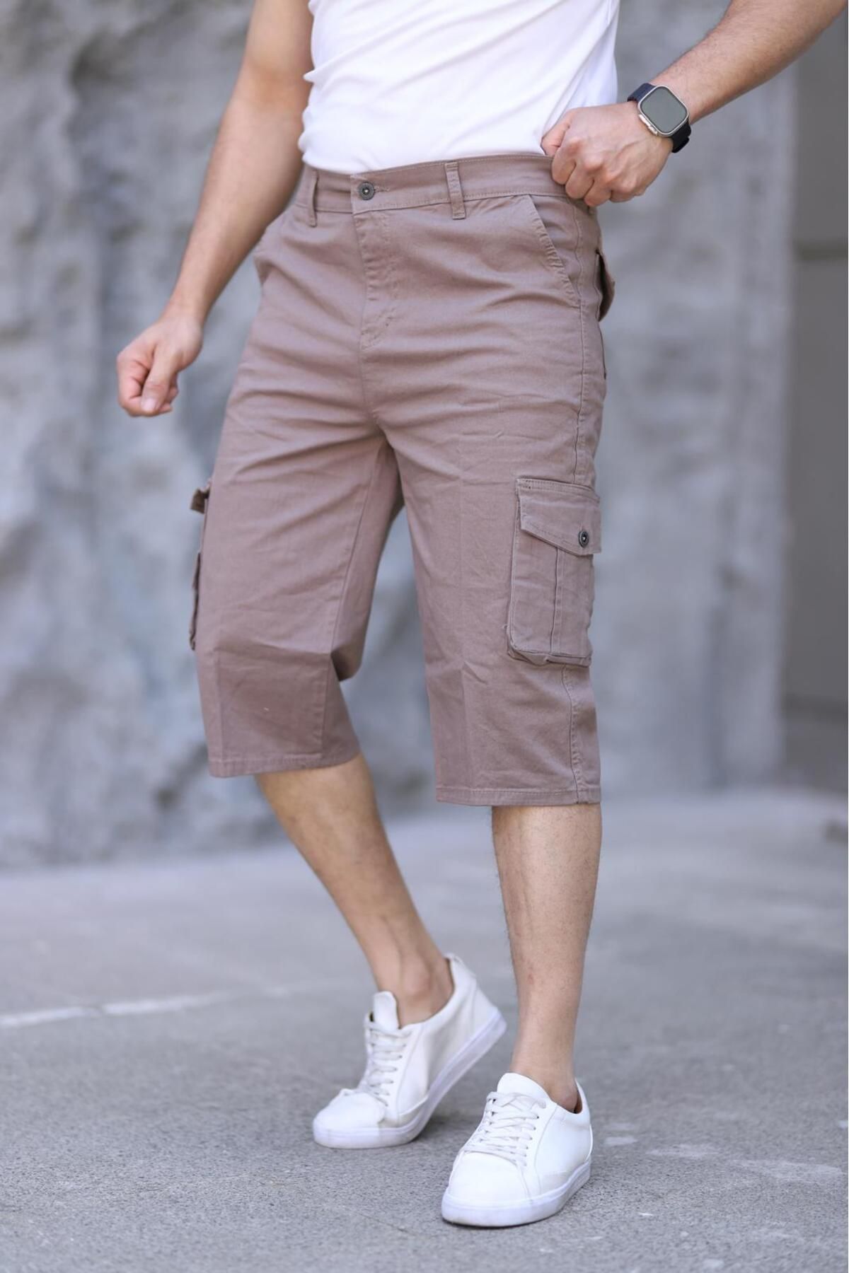 XORVİO Erkek Slim Fit Kapri Likralı Gabardin Diz Altı Yandan Cepli Bermuda