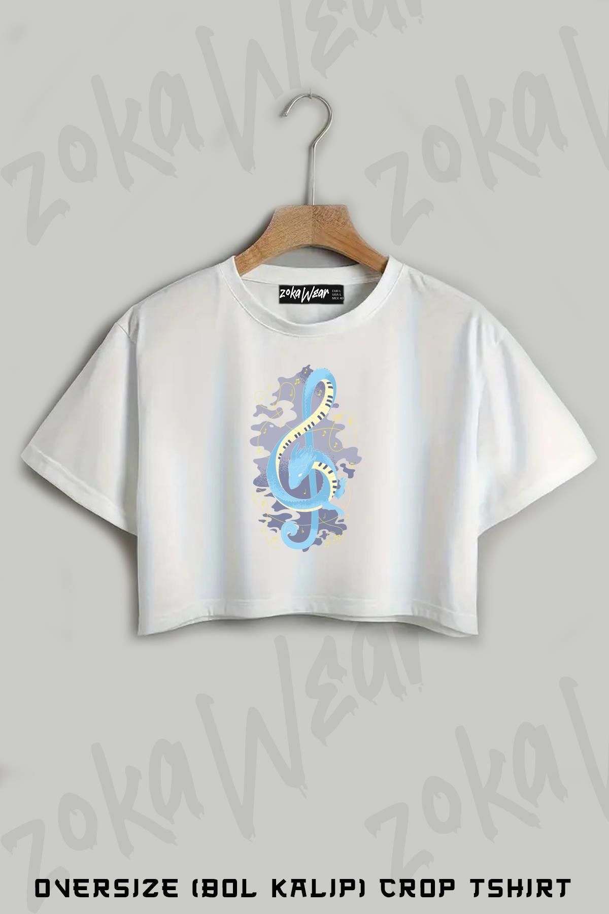 ZOKAWEAR Müzik Piyano Ejder Baskılı Oversize Crop T-Shirt
