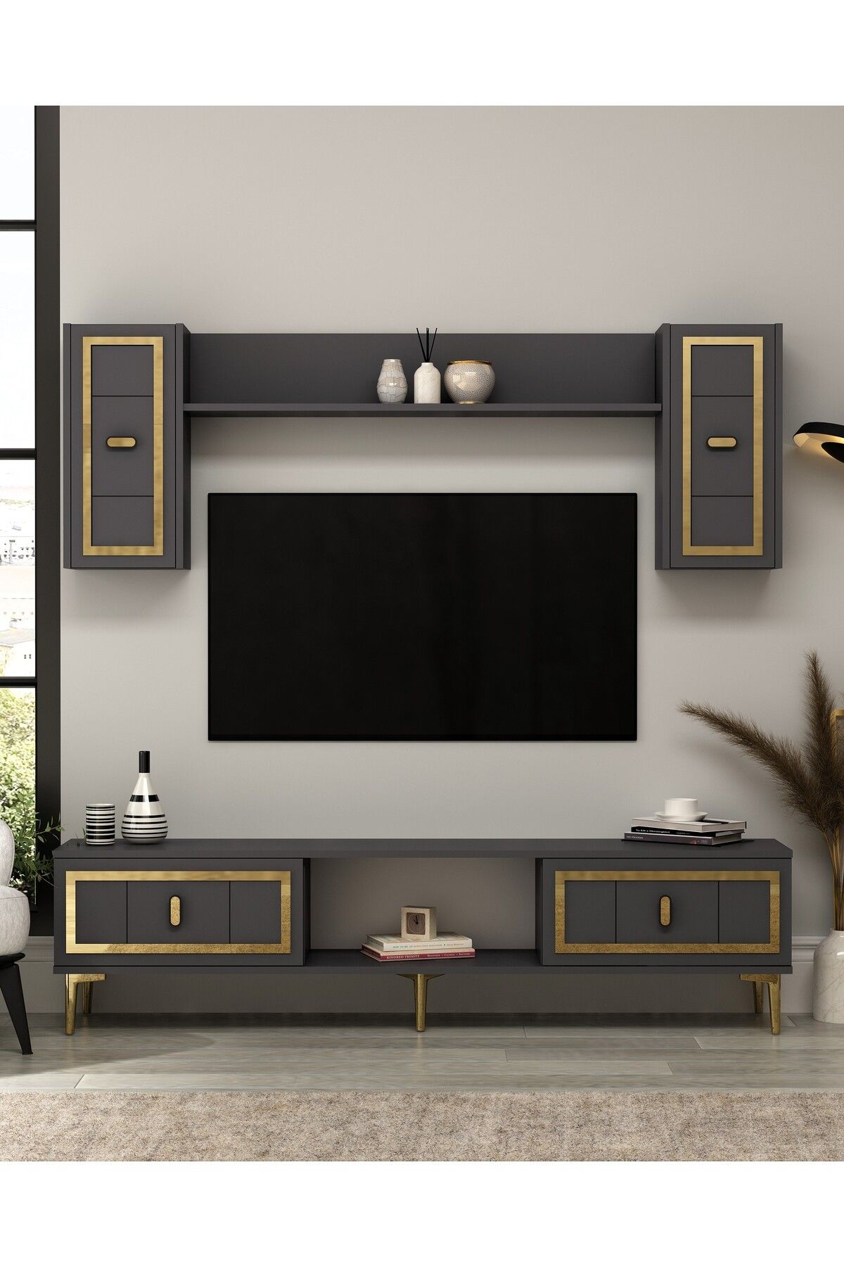 DemonteHome ORİONDH TV ÜNİTESİ TAKIMI ANTRASİT-ALTIN