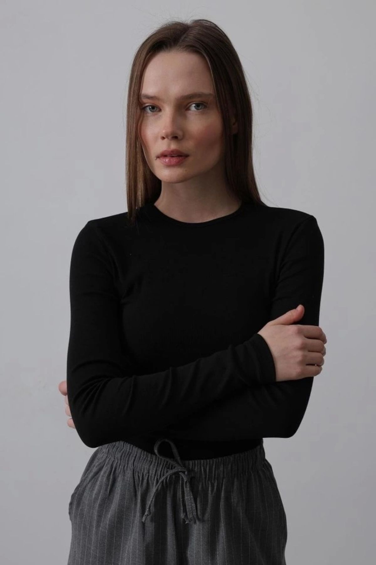 Butik Uzun Kol Crop Top - Siyah