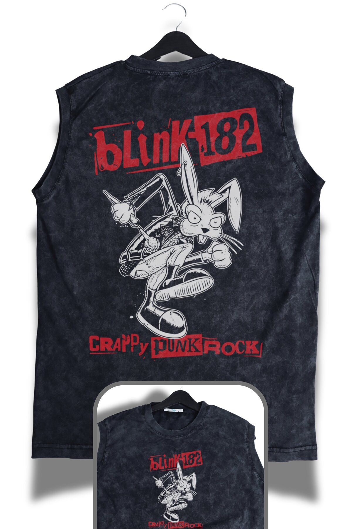 Fuddy Moda Blink-182 Crappy Punk Rock Sırt Baskılı Yıkamalı Kolsuz Tişört, Rock Band Temalı Sıfır Kol Atlet