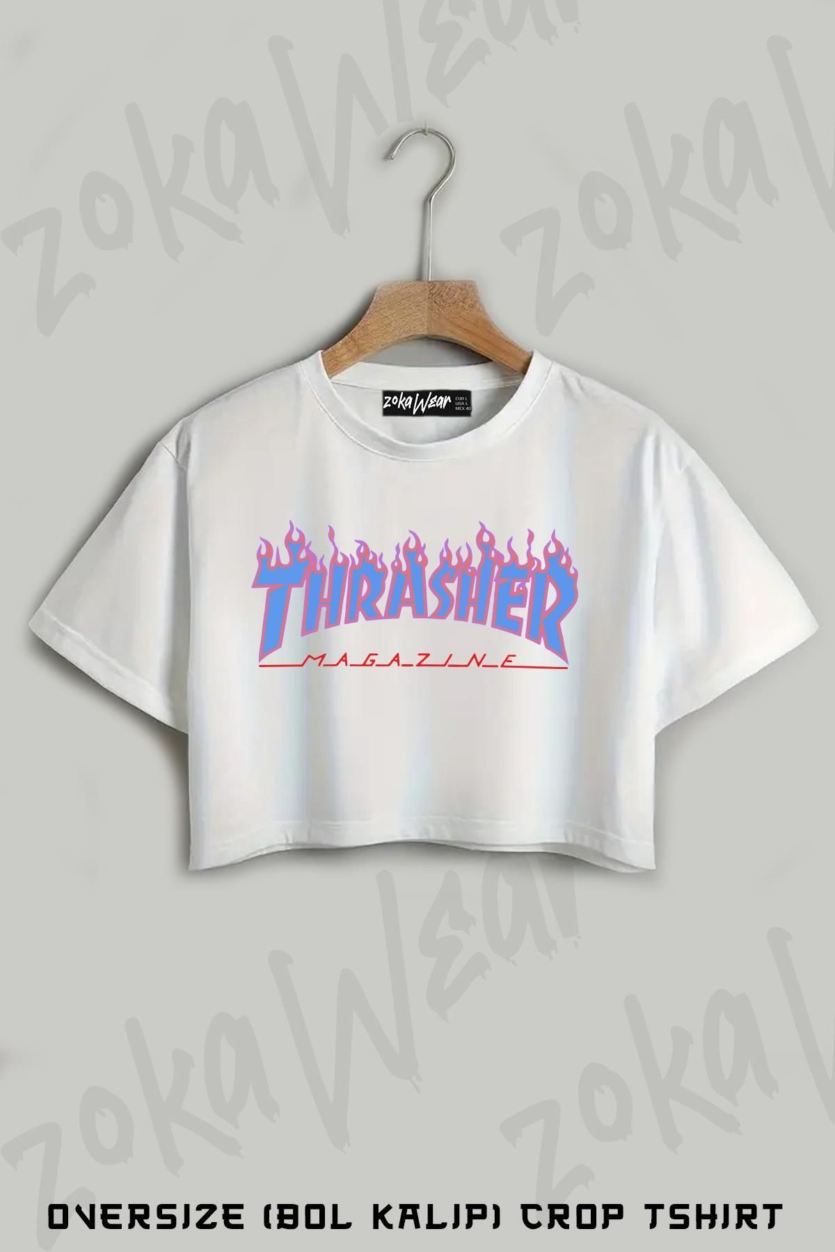ZOKAWEAR Logo V2 Thrasher Baskılı Oversize Crop T-Shirt
