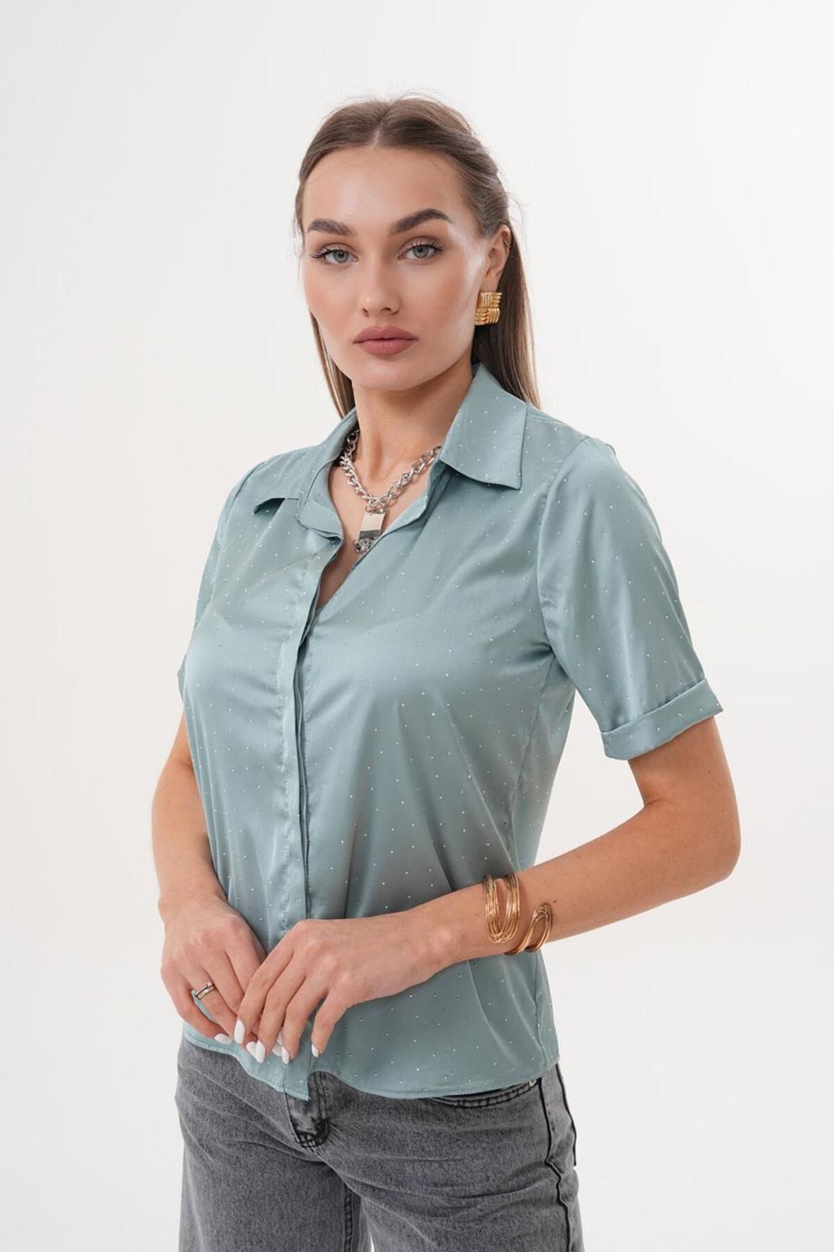 Flame İstanbul Butik Kısa Duble Kol Taşlı Saten Mint Yeşili Gömlek ESY9930