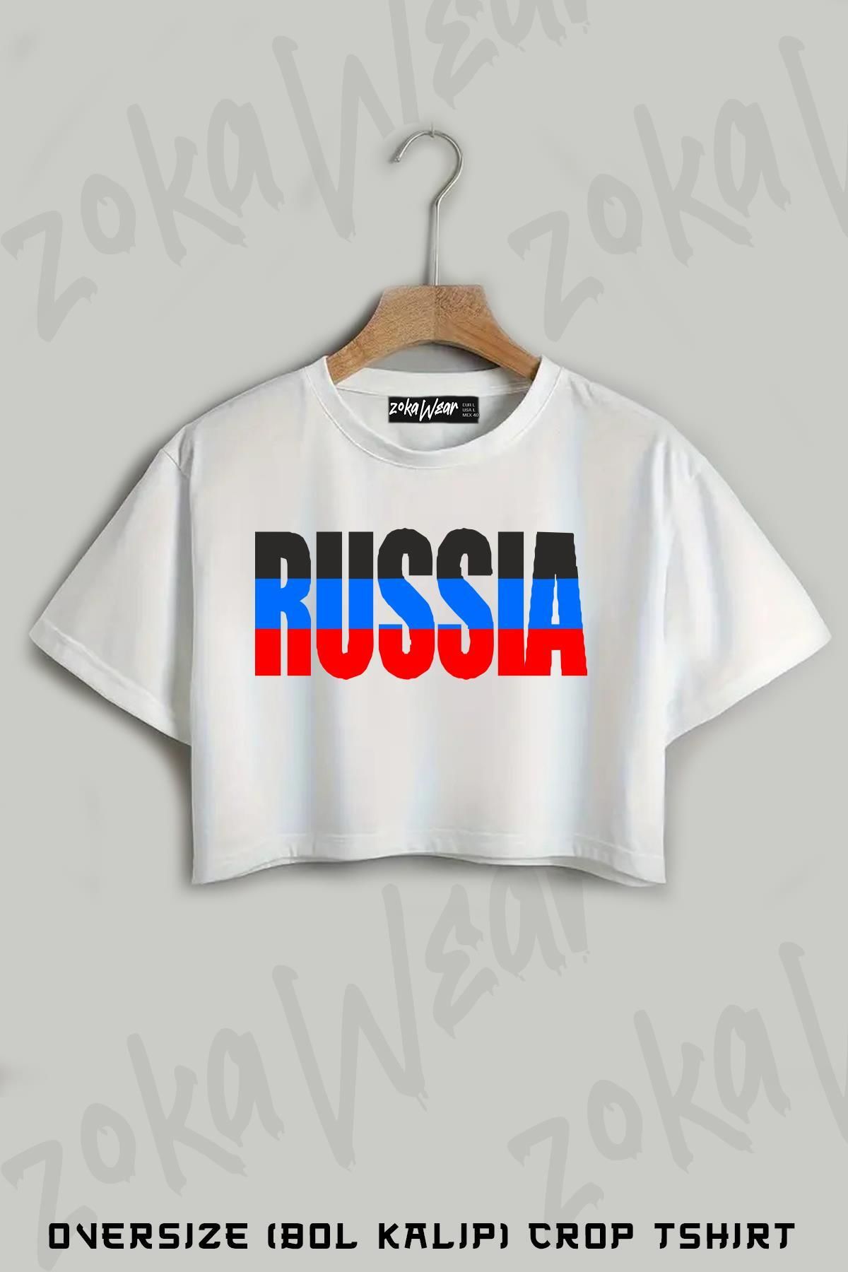 ZOKAWEAR Russia 2 Baskılı Oversize Crop T-Shirt