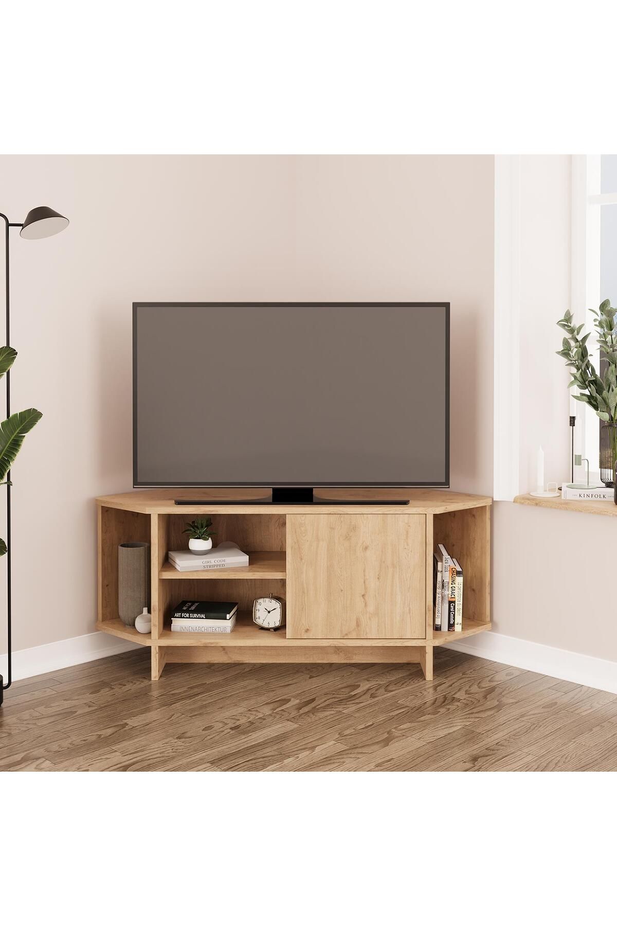 Bimossa TEO B1310 Köşe TV Ünitesi TV Sehpası – Ahşap Sepet | 48 inç Uyumlu Dolaplı