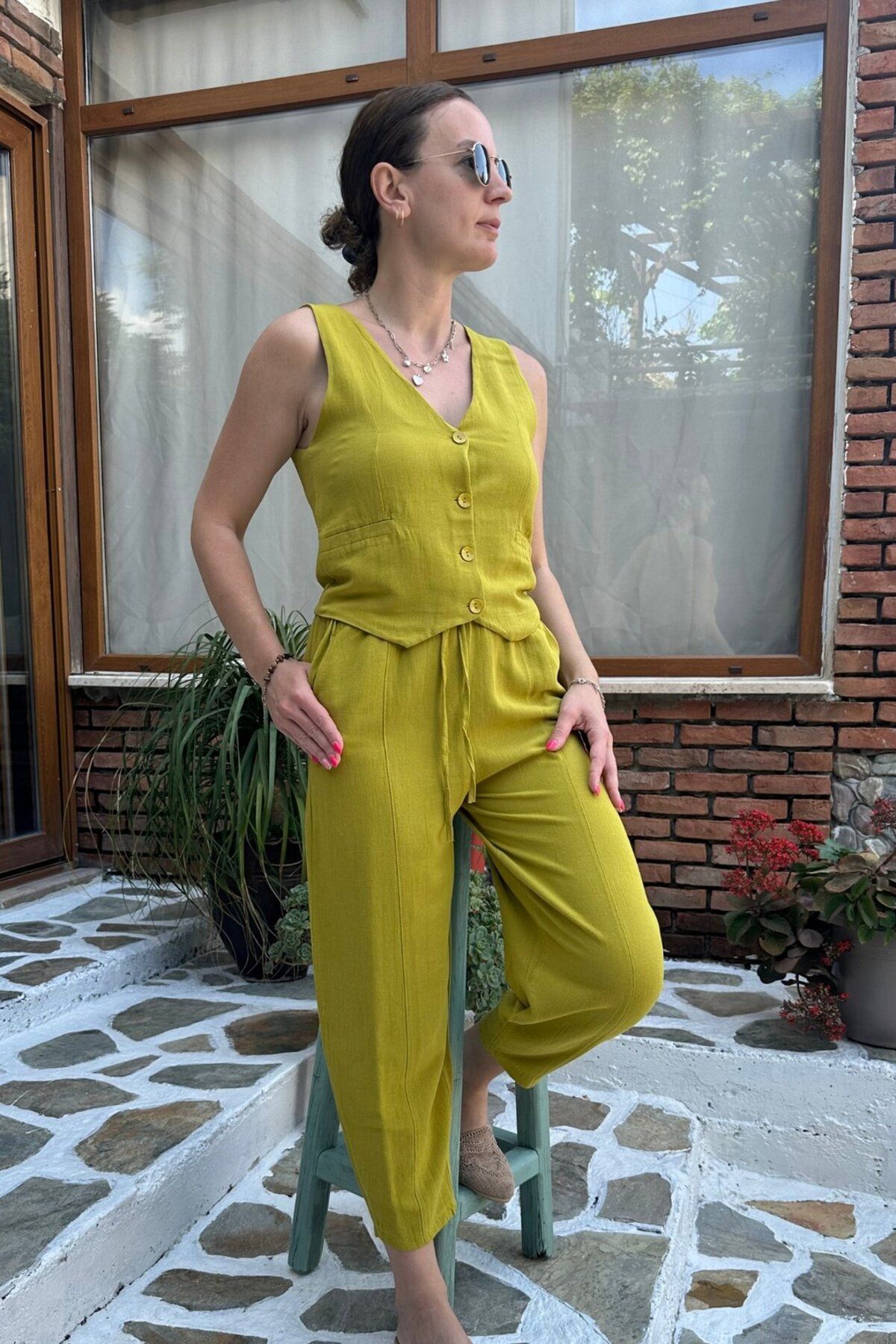 lady special Keten Yelek Pantolon Takım