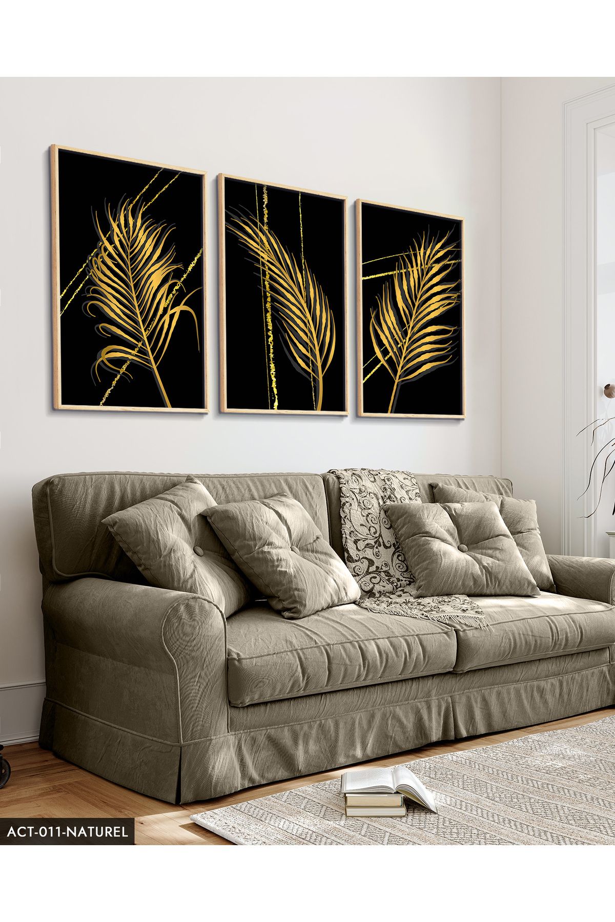 Evinemoda Gold Tüy Desen 3 Parça Ahşap Çerçeveli Tablo ACT