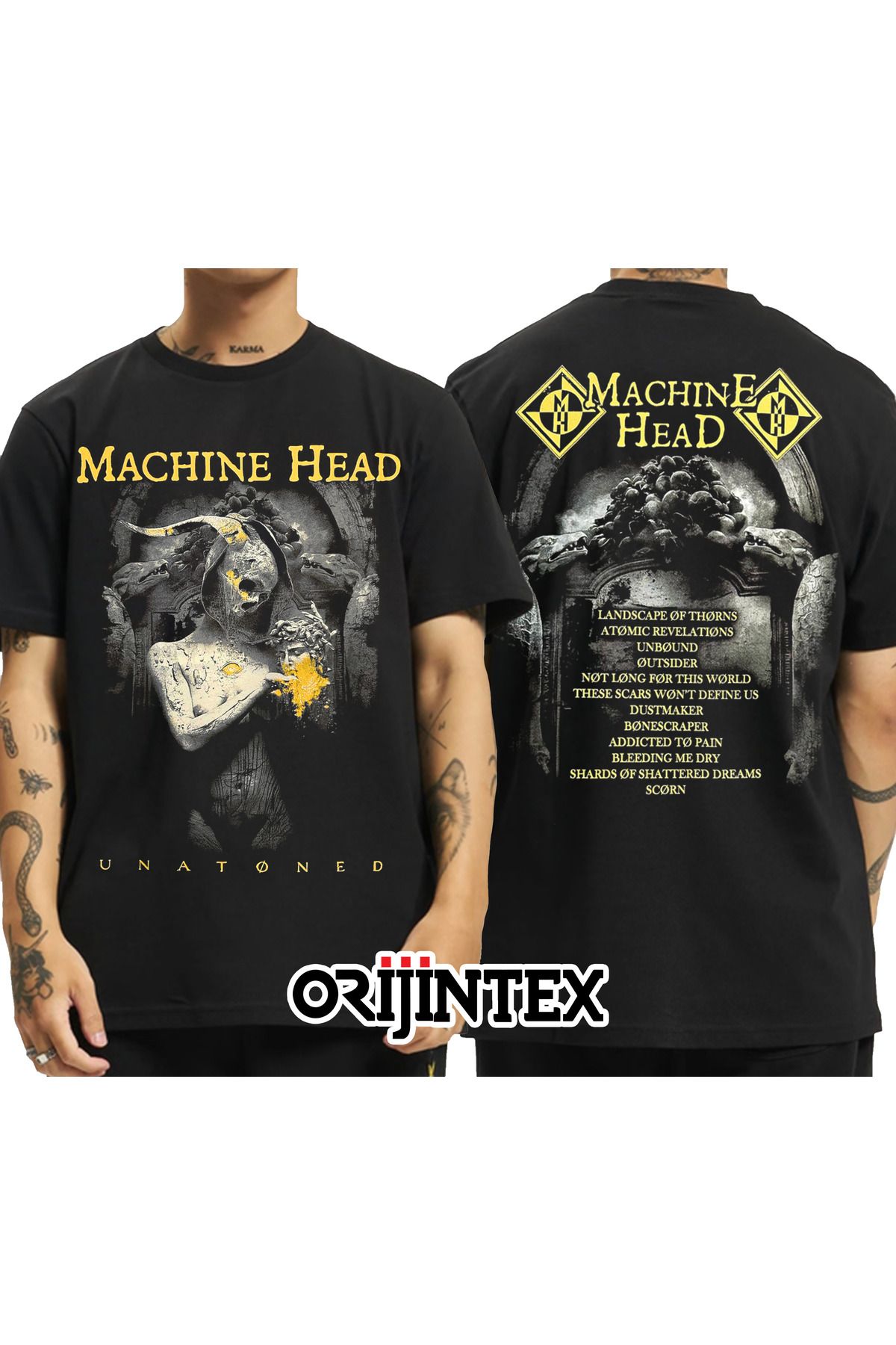orijintex Machine Head Unatoned Ön Arka Baskılı Unisex Siyah Tshirt