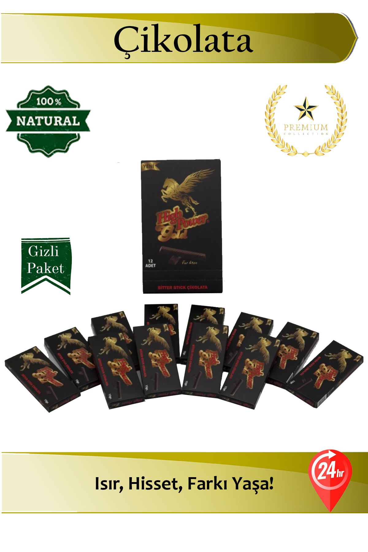 HIGH POWER Herbioxs HIGH POWER Gold Bitter Stick Çikolata 12 Adet Premium Seri 24 Saat Etkili