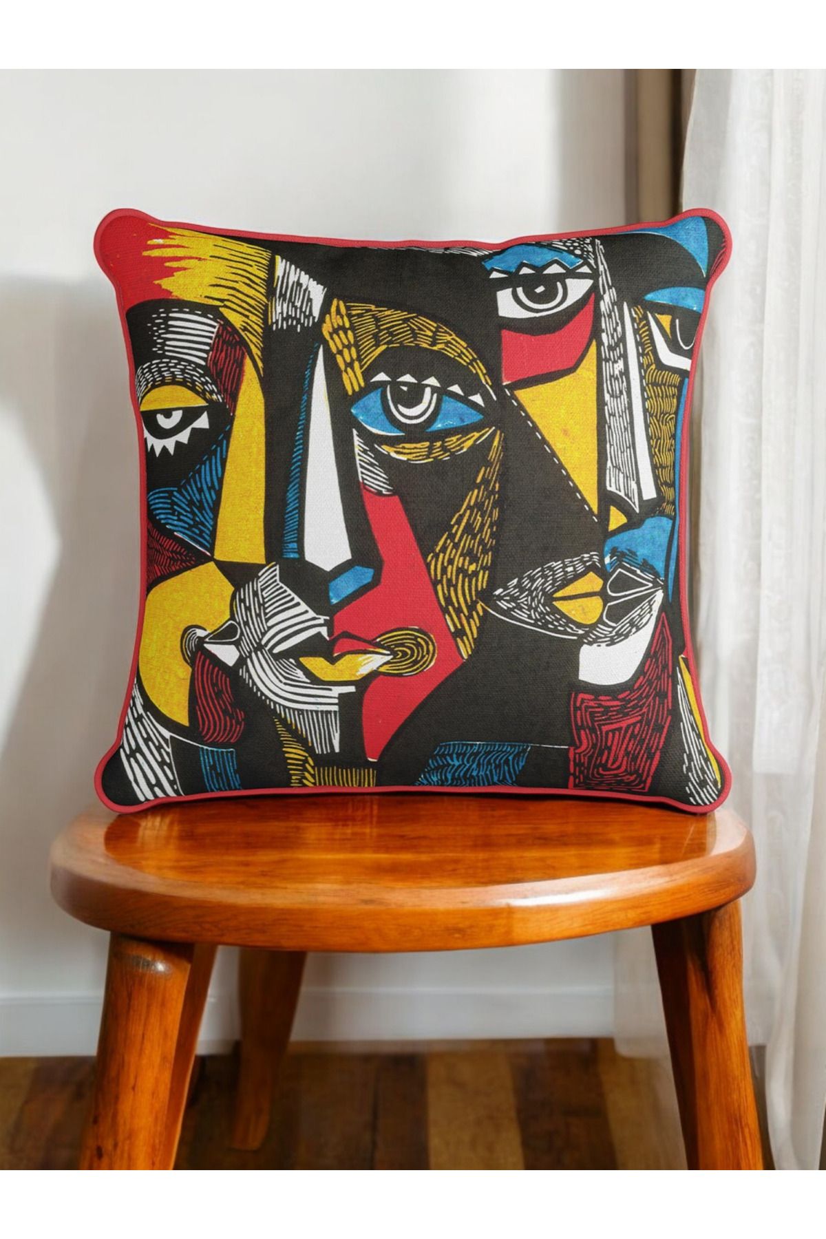 ASDİVA Soyut Yüz Desen Biyeli Kadife Dokulu Dekoratif Kırlent Kılıfı 43x43