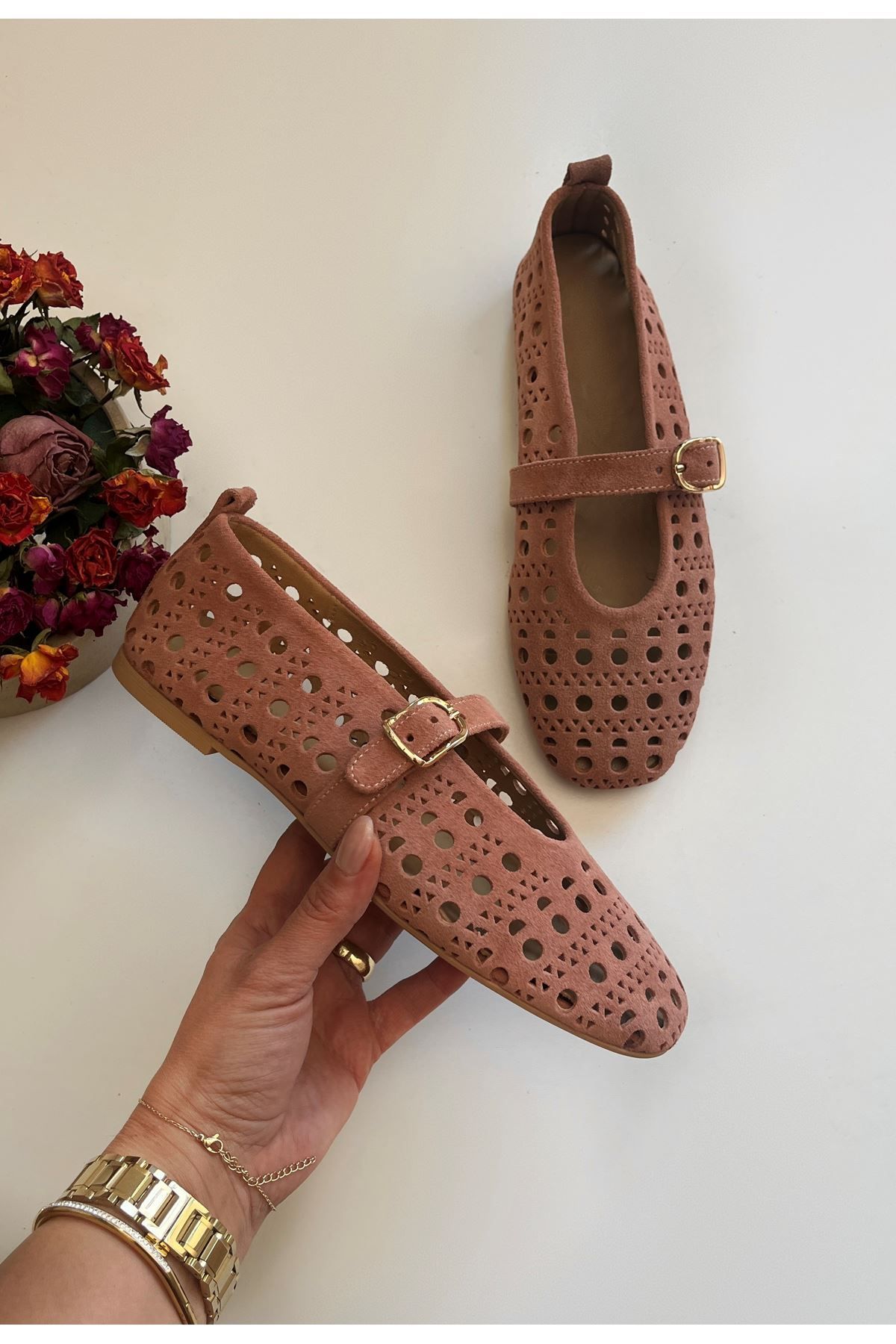 Saracshoes Gerçek Deri Süet Kadın Babet Pembe Tokalı Vog