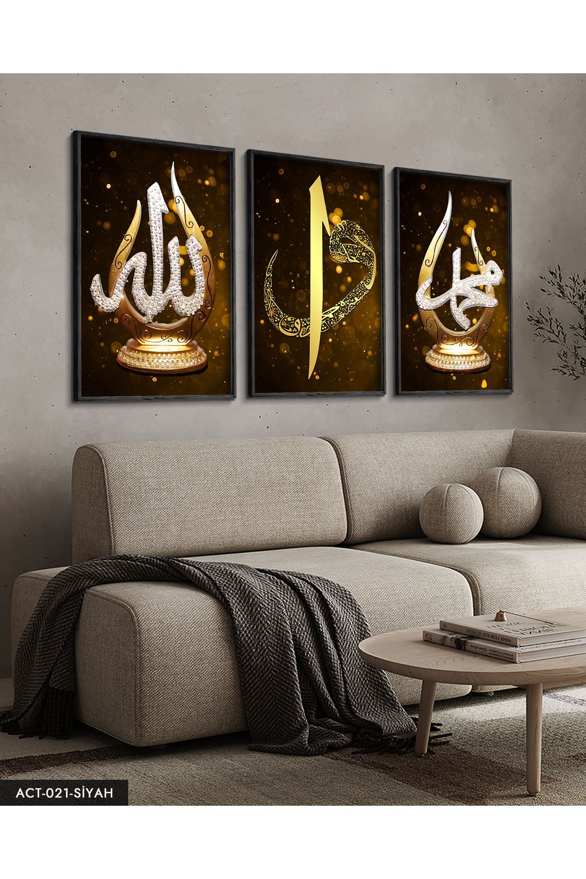 Evinemoda Allah, Muhammed, Elif Vav, Gold, 3 Parça Siyah Ahşap Çerçeveli Tablo ACT