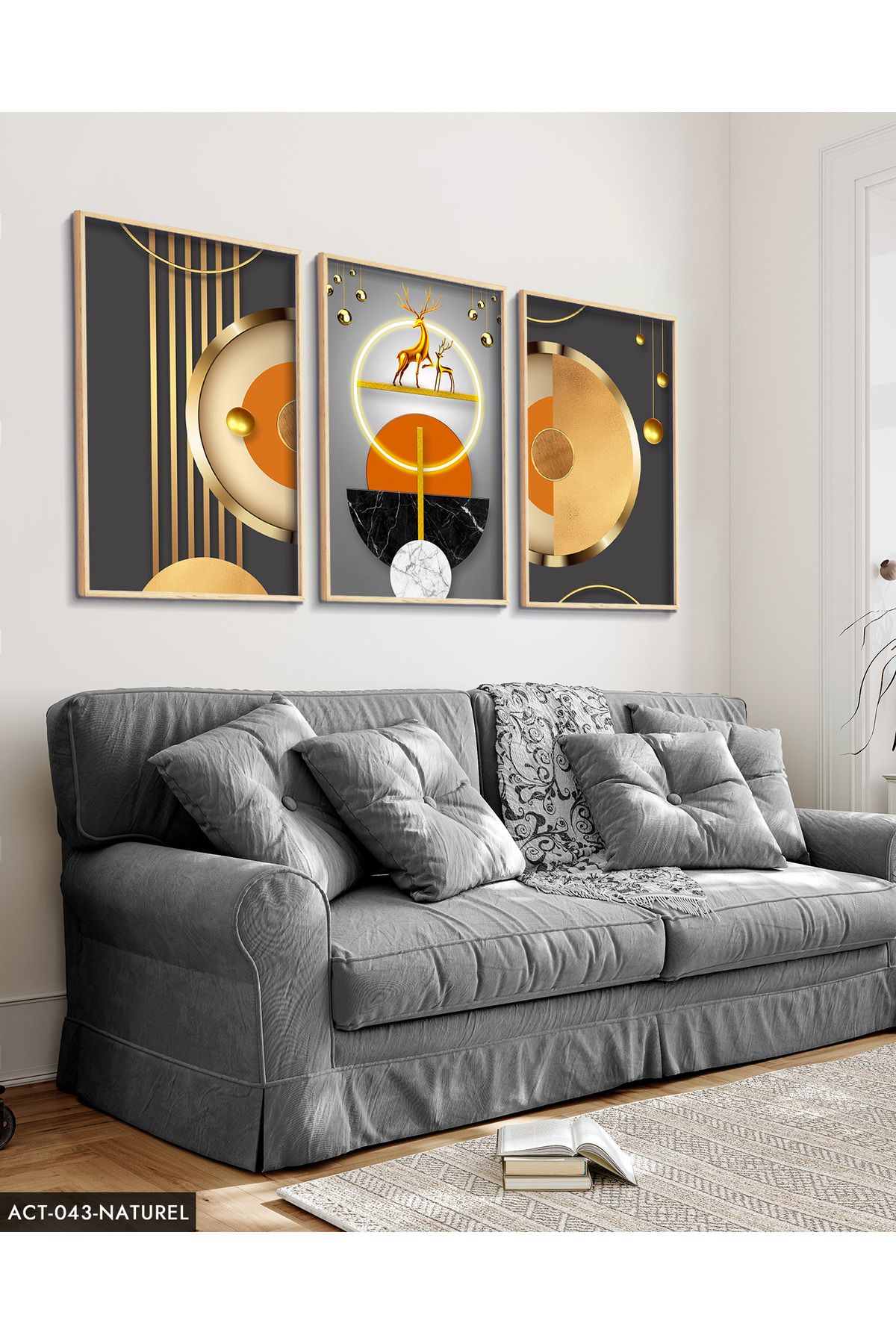 Evinemoda Gold, Geyik, Geometri, Soyut, Neon 3 Parça Ahşap Çerçeveli Tablo ACT