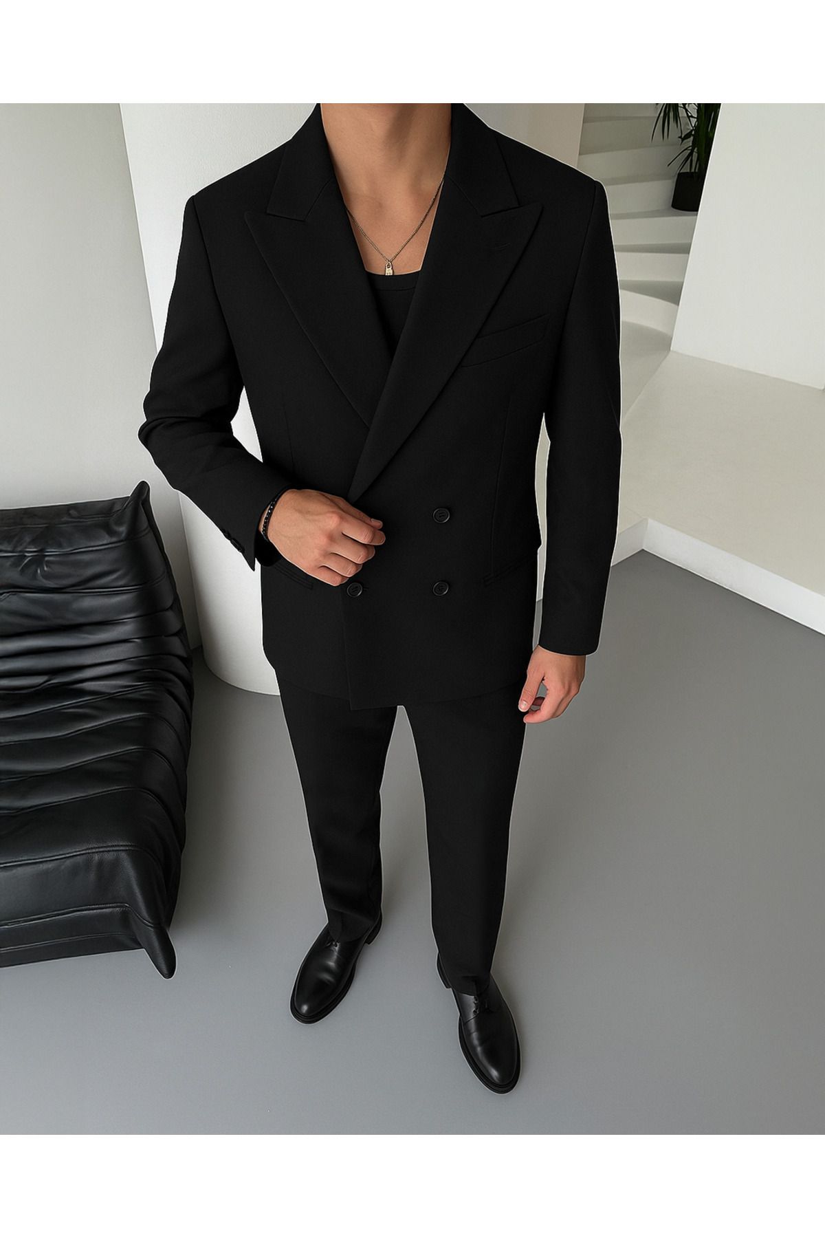 NO1 KONSEPT Rahat Kalıp Oversize Siyah Kruvaze Takım Elbise