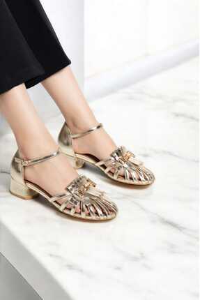 Pier Vino Hakiki Deri Kalın Topuk Gold RENGİ Kadın Ayakkabı Kafesli Maskelon ...