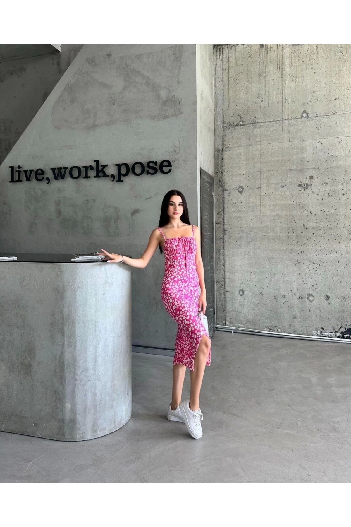 BellevieStore Kaşkorse Desenli askılı elbise